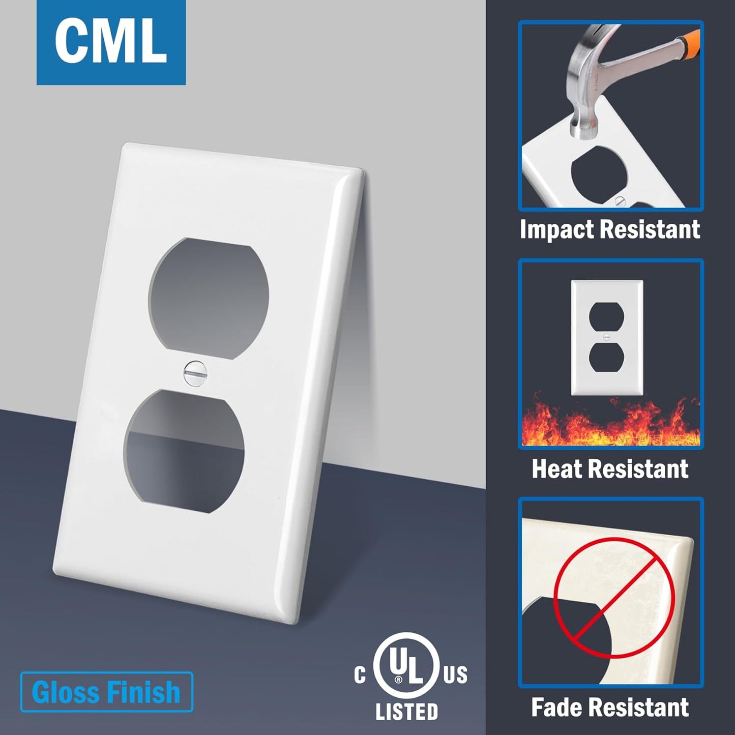 CML Duplex Outlet Covers, 50 Pack Electrical Outlet Wall Plate, 1-Gang Switch Plates, Dual Receptacle Faceplate