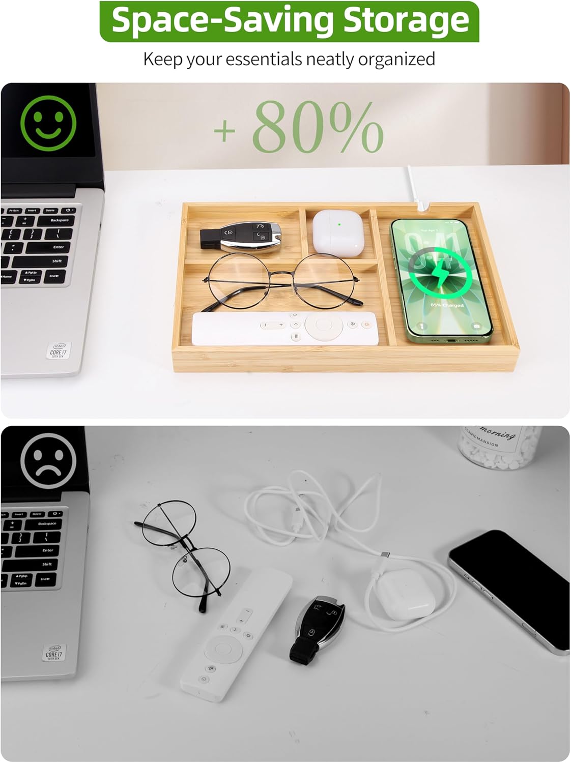 Bamboo Valet Tray with Dual Wireless Charger - EDC Nightstand Organizer for Men - Desk Tray & Catchall for Phone