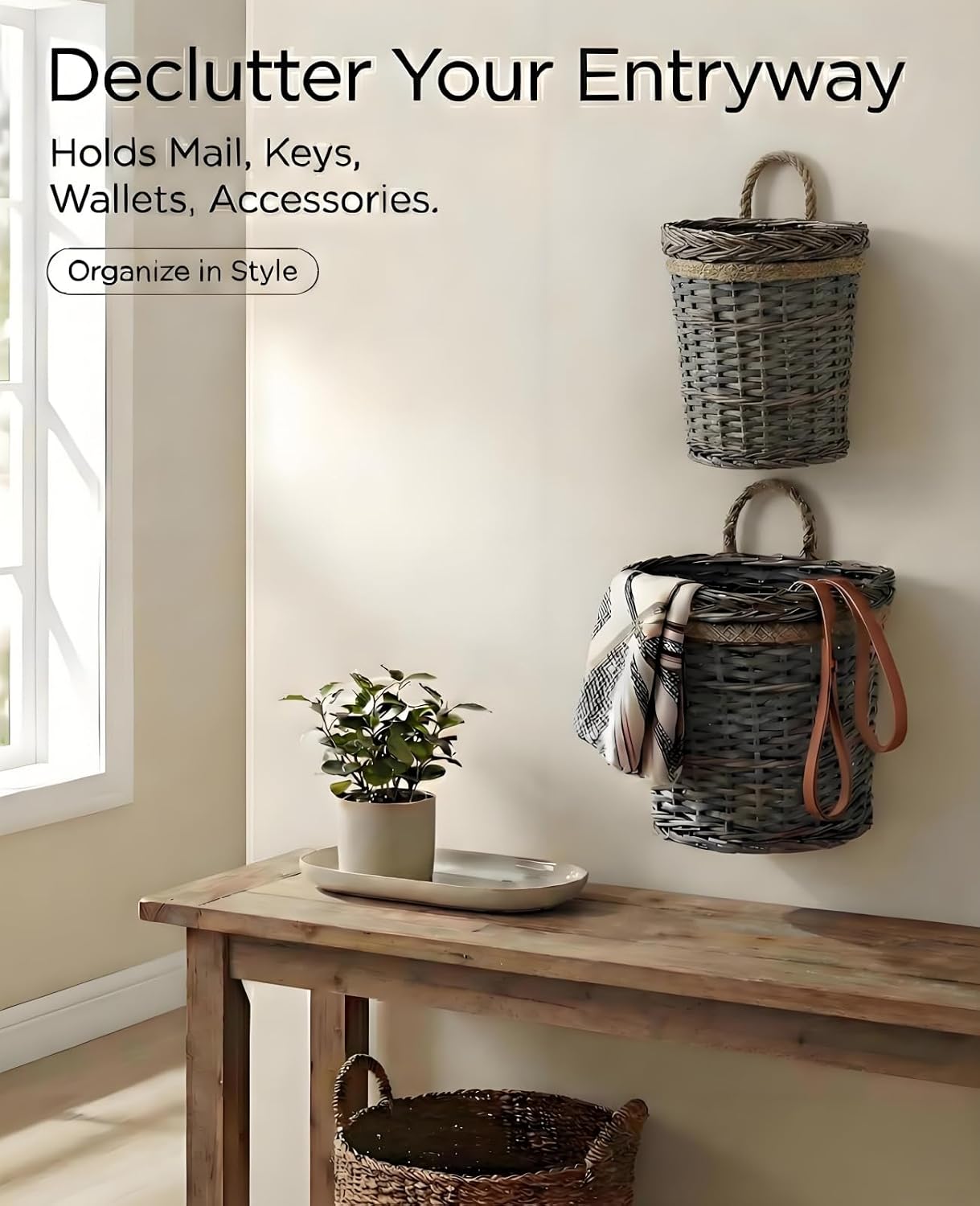Woven Wicker Wall Hanging Baskets / Grey / Set of 2