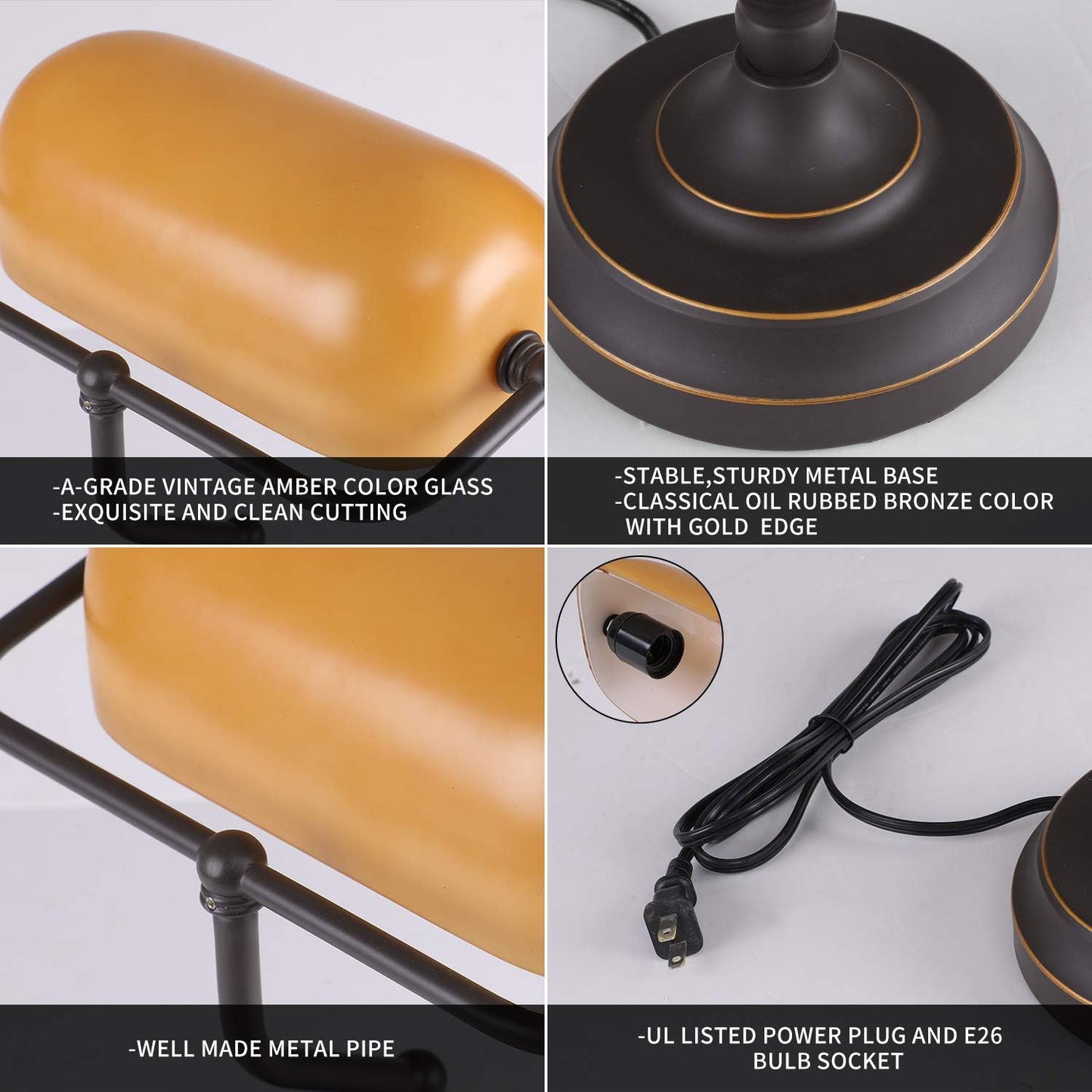Banker Desk Lamp Touch Control, Oil Rubbed Bronze | 3 Way Dimmable Banker's Desk Lamp, USB-A Port, Amber Glass Shade