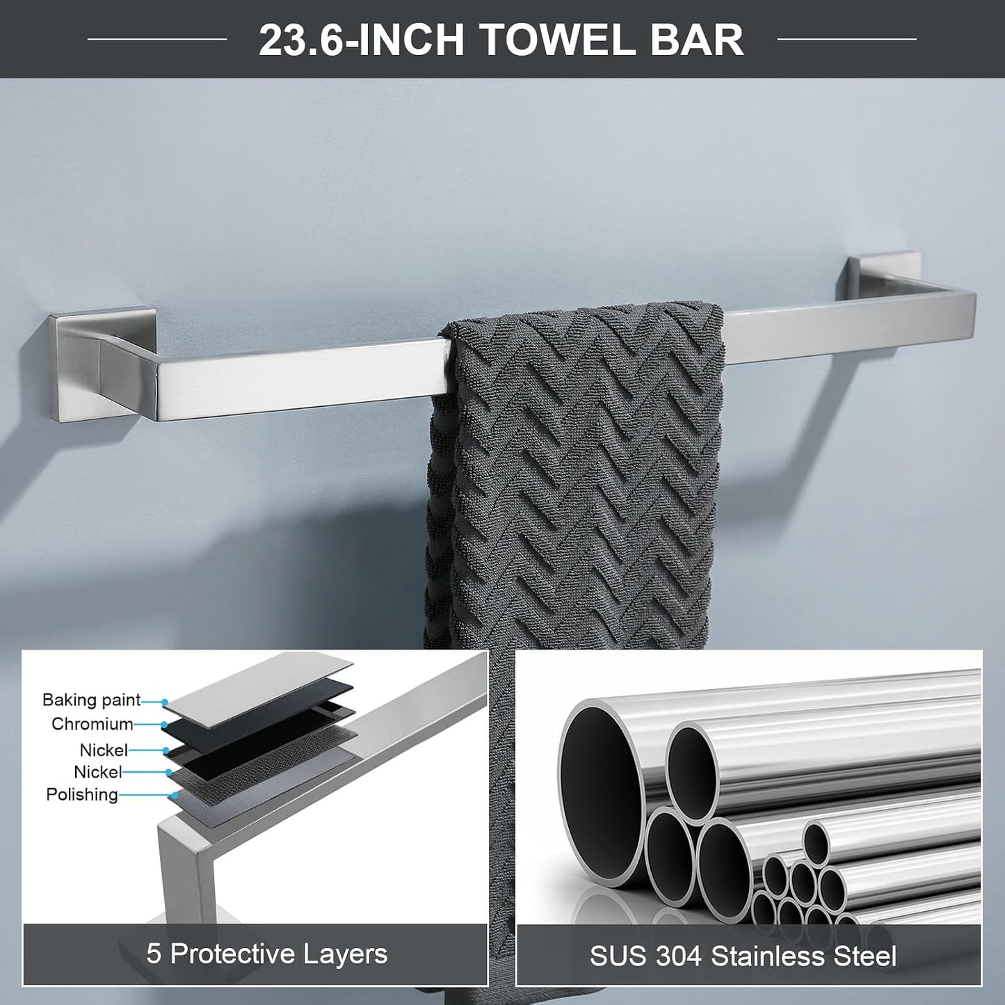 TQKAG 6-Piece Towel Bar Set, 23.6 Inch Bathroom Hardware Set Brushed Nickel | Stainless Steel, Wall Mounted, Nickel