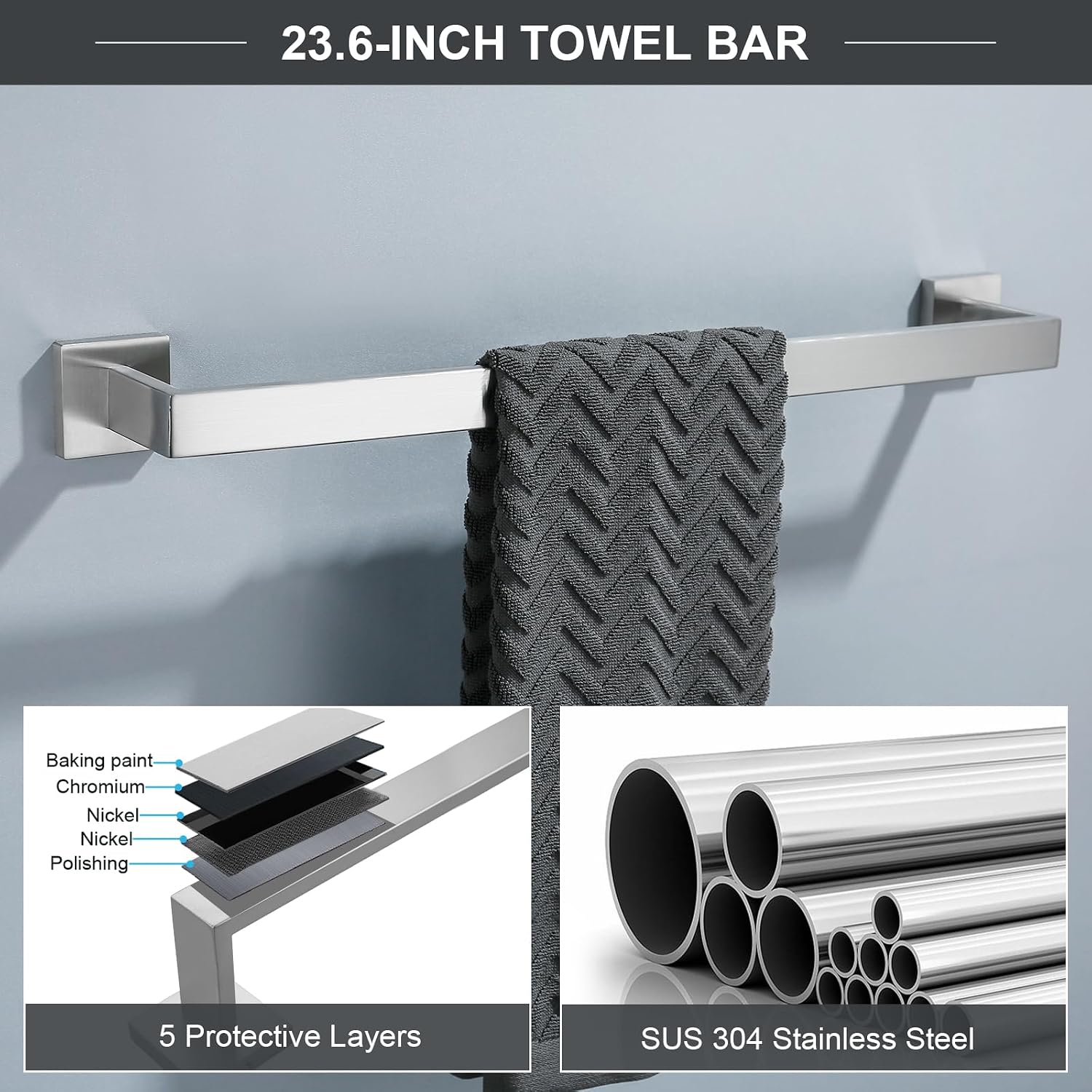 TQKAG 6-Piece Towel Bar Set, 23.6 Inch Bathroom Hardware Set Brushed Nickel | Stainless Steel, Wall Mounted, Nickel