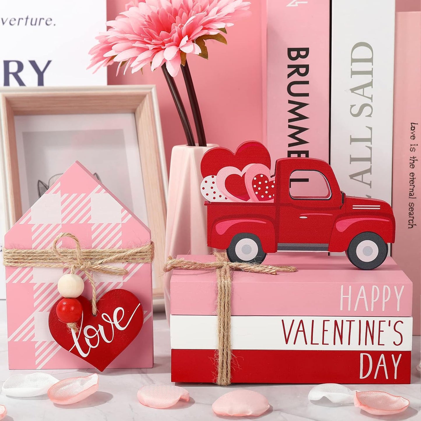 Valentine's Day Wooden Tiered Tray Decorative White Faux Stacked Books Wooden Block Sign / Pink