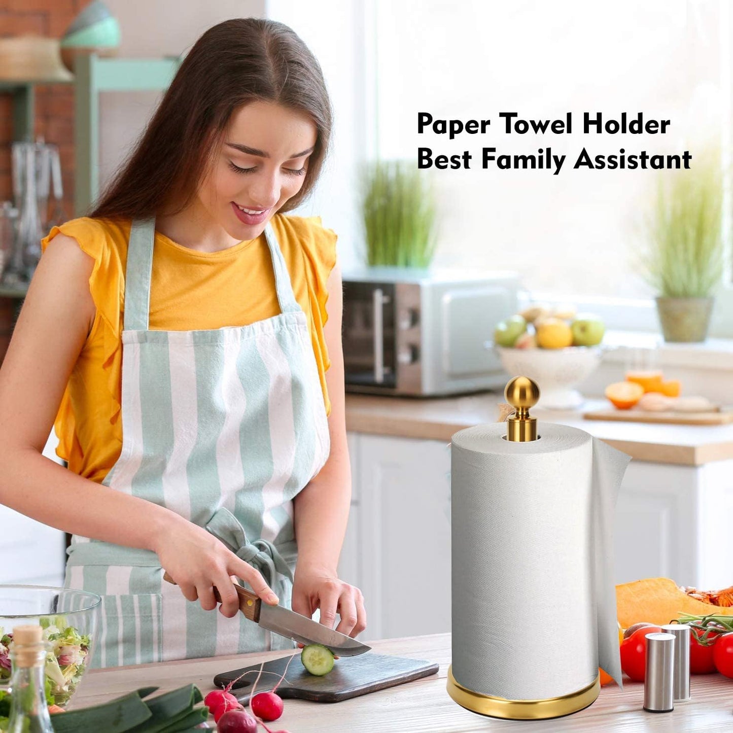 Gold Paper Towel Holder Countertop, Standing Paper Towel Roll Holder for Kitchen Bathroom, with Weighted Base for