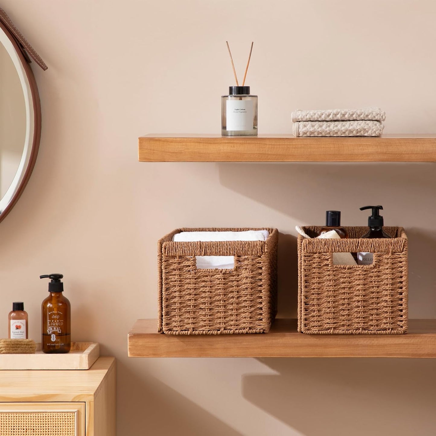 Wicker Basket / 13.4Lx8. W Woven Paper Rope Storage Baskets / Caramel / Medium / 3 x 7.1 / Set of 2