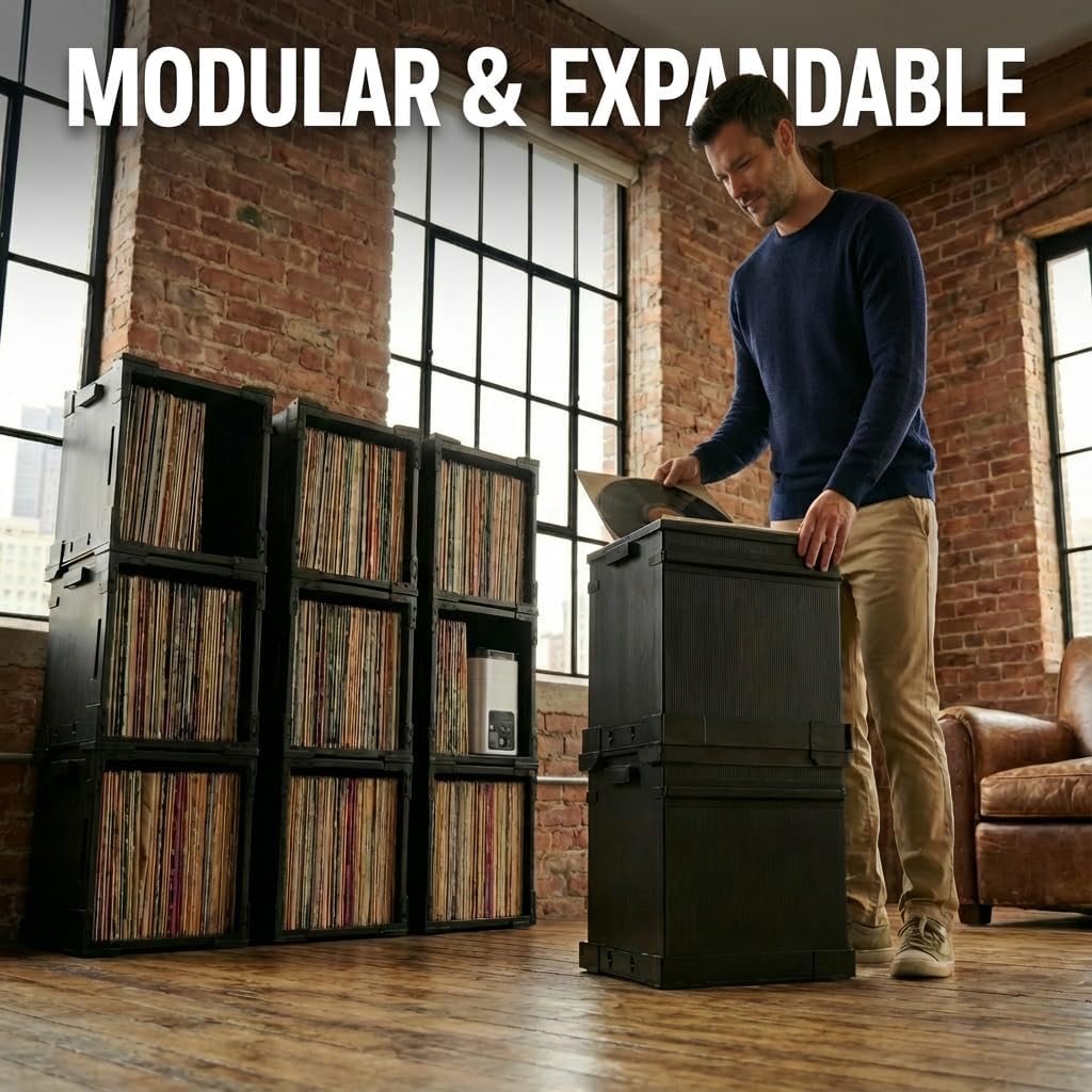 HumminGuru FlexiCube Vinyl Record Storage Box – Stackable Organizer for 12” Records, Holds 70 LPs | Modular Vinyl Shelf