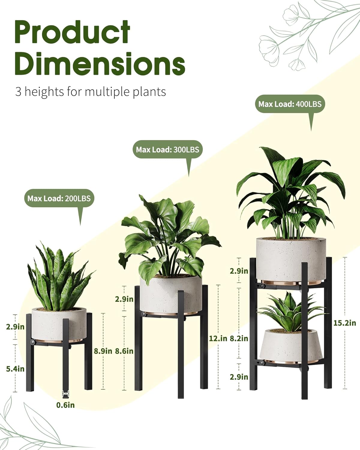 3 Pack Plant Stand Indoor Adjustable, Metal Modern Indoor Plant Stand, Heavy Duty Single Plant Stands Outdoor Corner