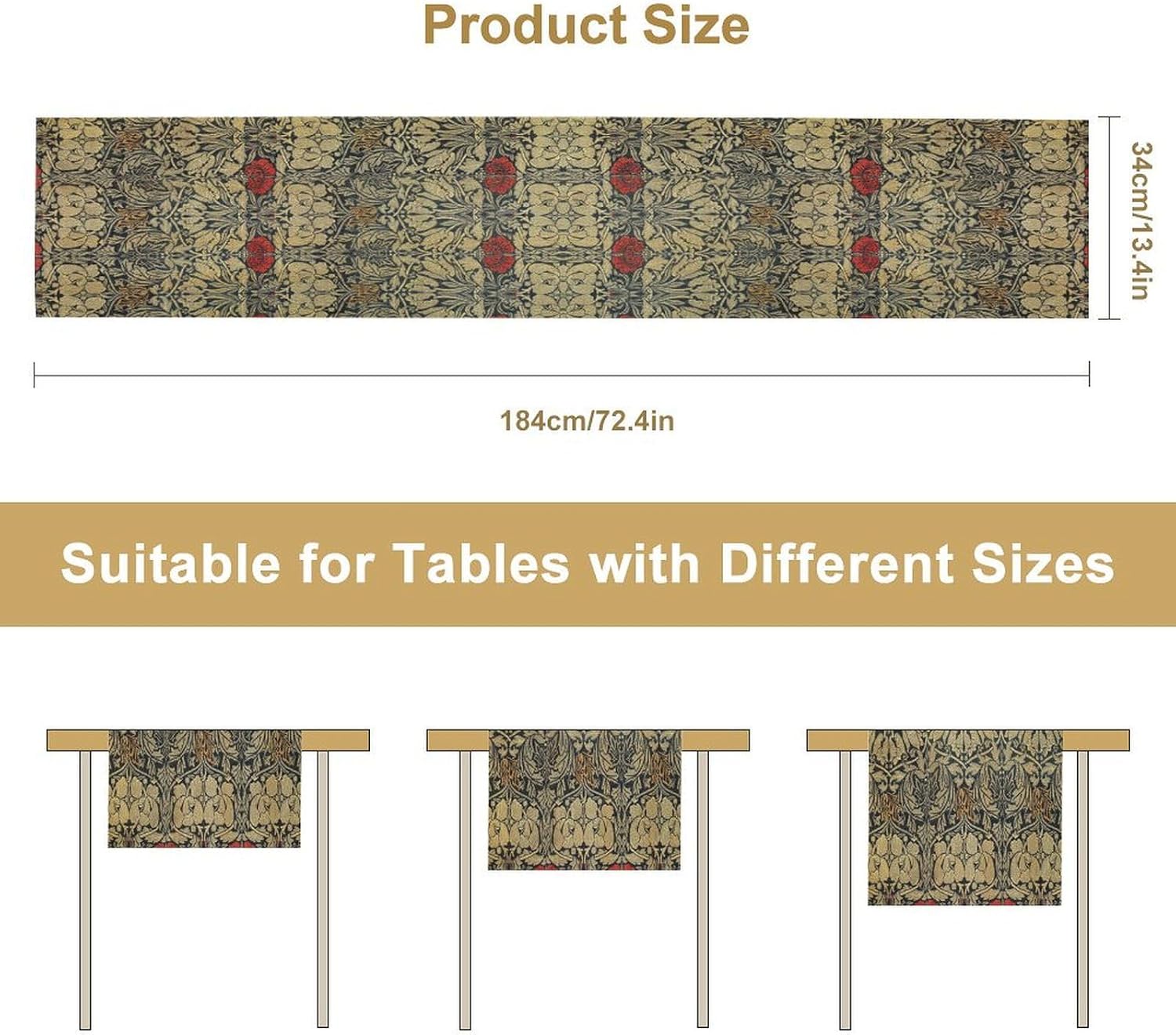 William Morris Red Flower Table Runner Vintage Flowers Boho Botanical Printed Linen Table Runner for Home Kitchen