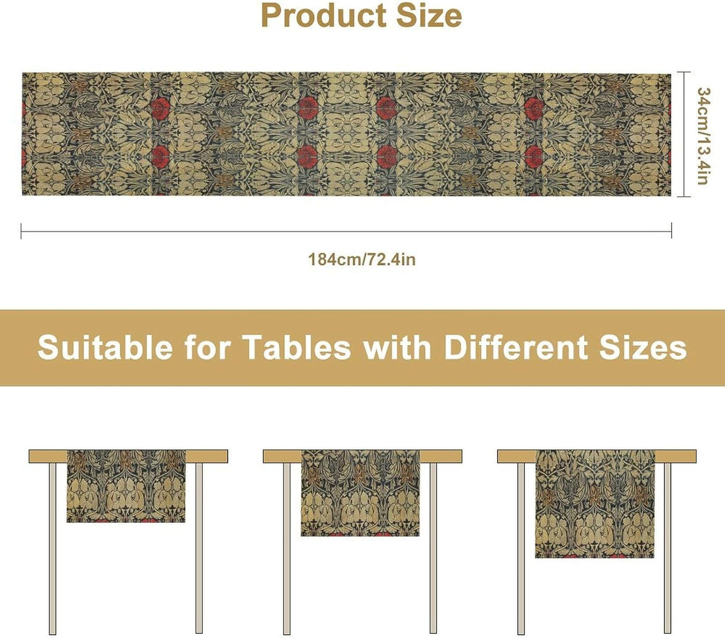 William Morris Red Flower Table Runner Vintage Flowers Boho Botanical Printed Linen Table Runner for Home Kitchen
