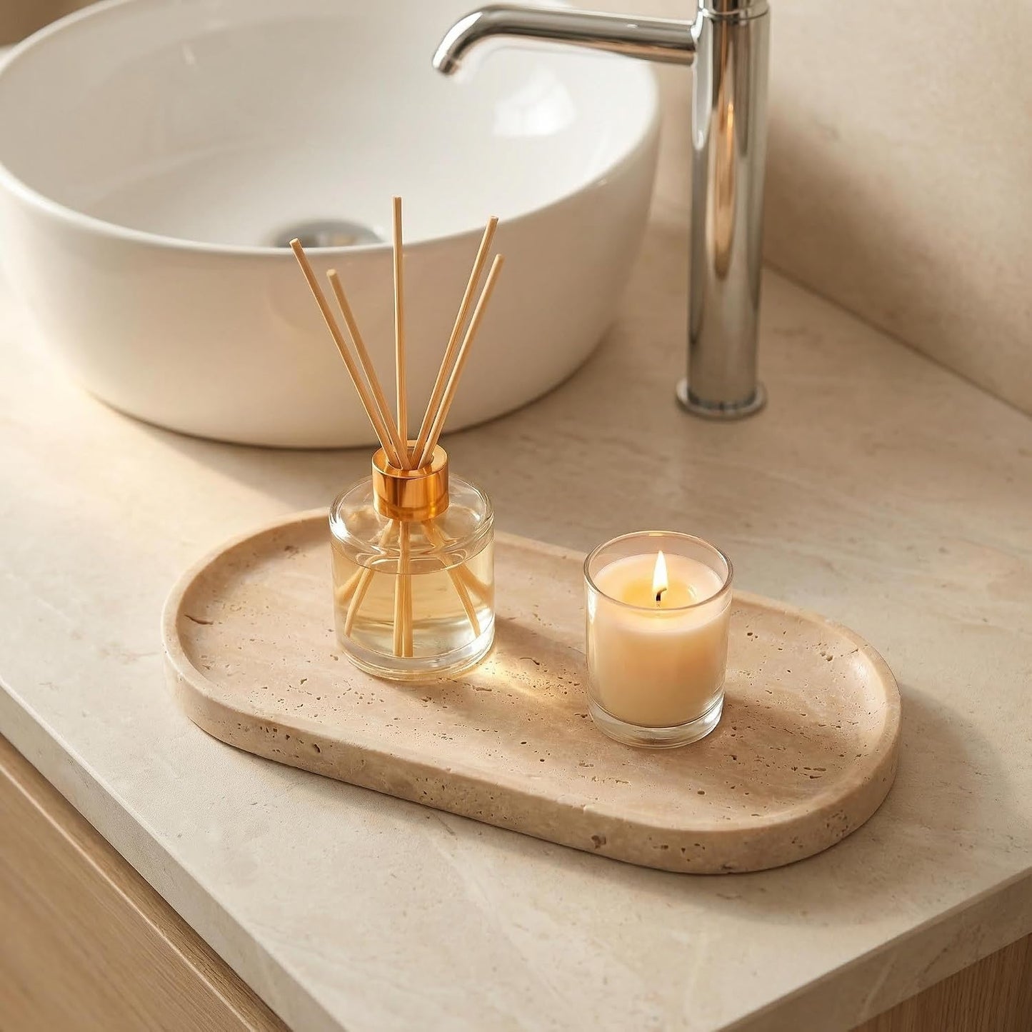 Vanity Tray / Natural Stone Bathroom Organizer / Beige Travertine