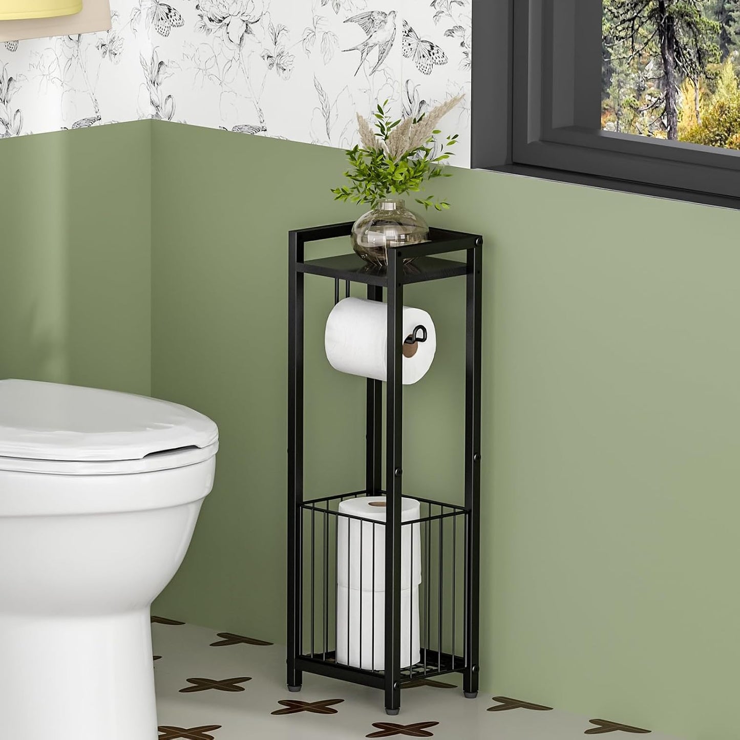 Narrow Side Toilet Paper Holder with Storage Shelf | Freestanding Roll Holder for Bathroom, Small Space, Bathroom