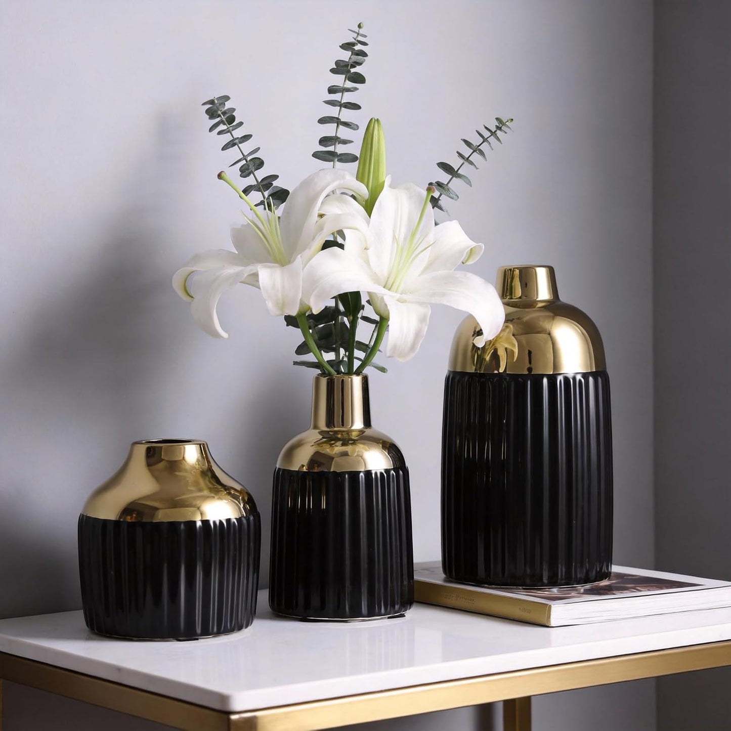 Gold Ceramic Vase 3-Piece Set / Bg / Black