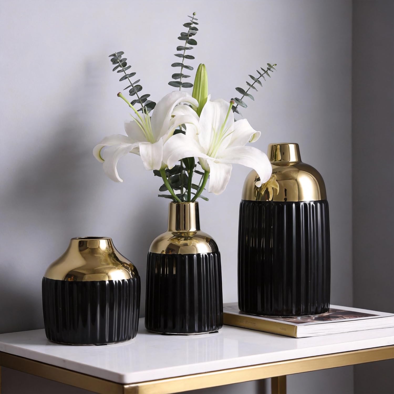 Gold Ceramic Vase 3-Piece Set / Bg / Black