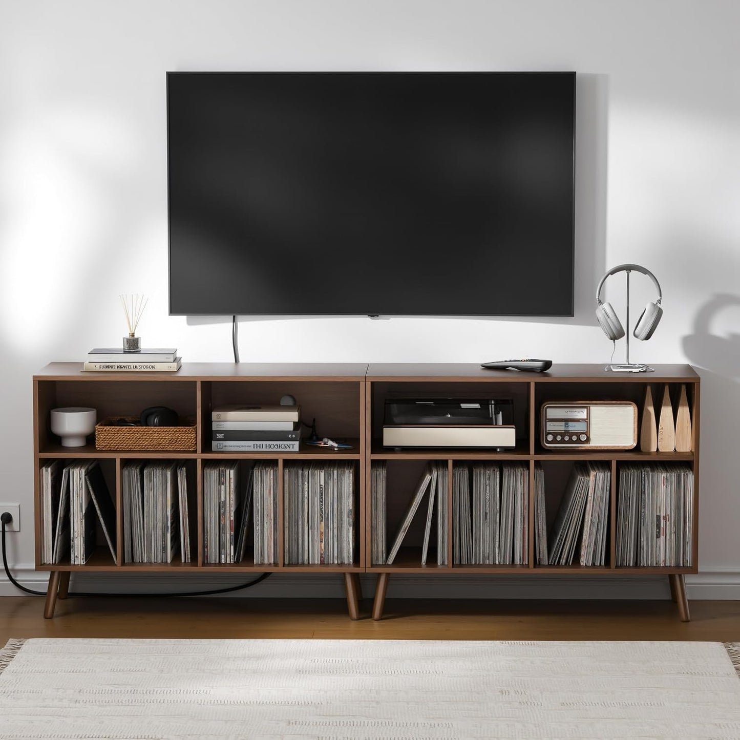 Record Player Stand with Vinyl Storage Cabinet, Wood Turntable Table Open Shelf Holder Up to 350 Albums Cube Storage