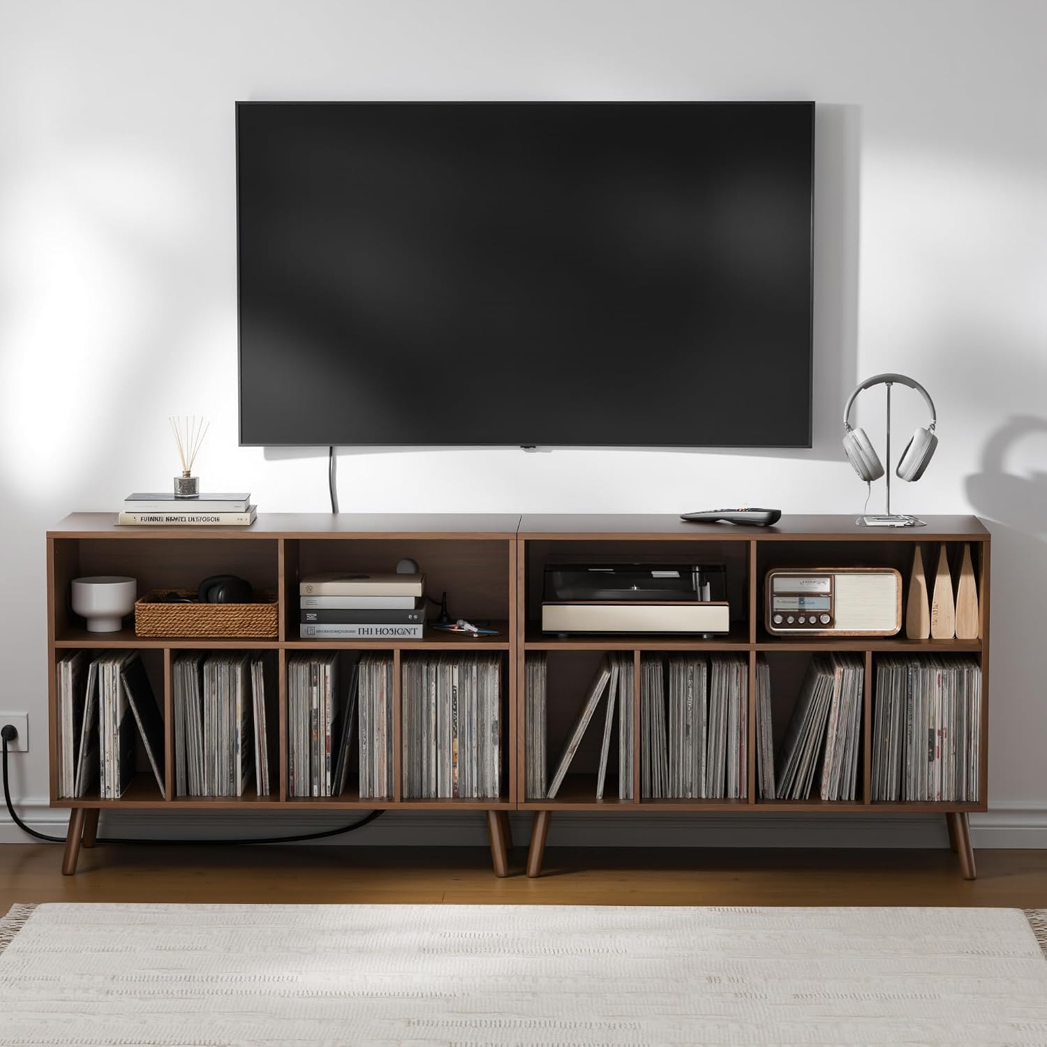 Record Player Stand with Vinyl Storage Cabinet, Wood Turntable Table Open Shelf Holder Up to 350 Albums Cube Storage