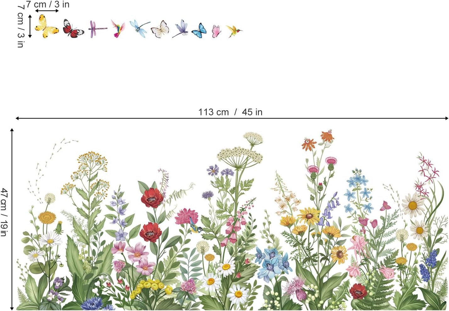 Plants Wild Flowers Wall Stickers Grass Floral Leaves Butterflies Peel and Stick Wall Art / Green