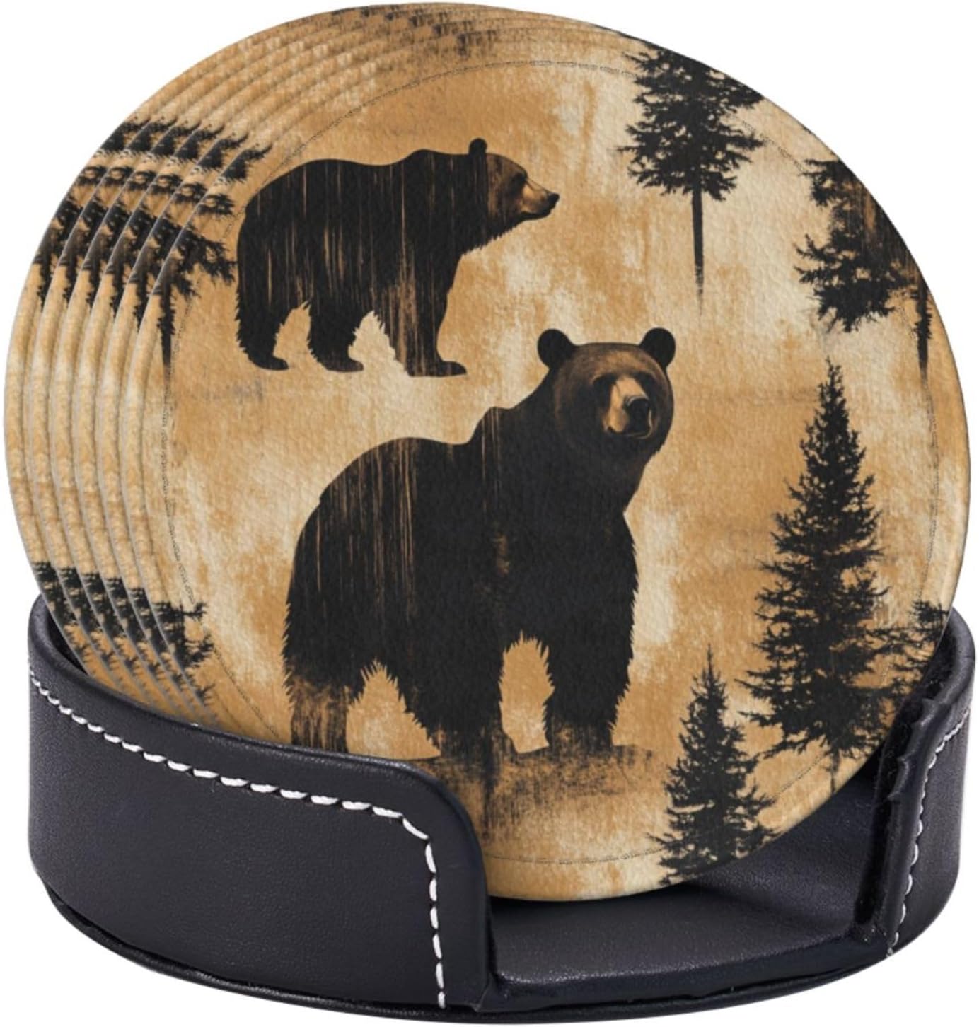 Holder Coaster Sets Drink Table Cup Coasters / Black Bear Trees / Set of 6