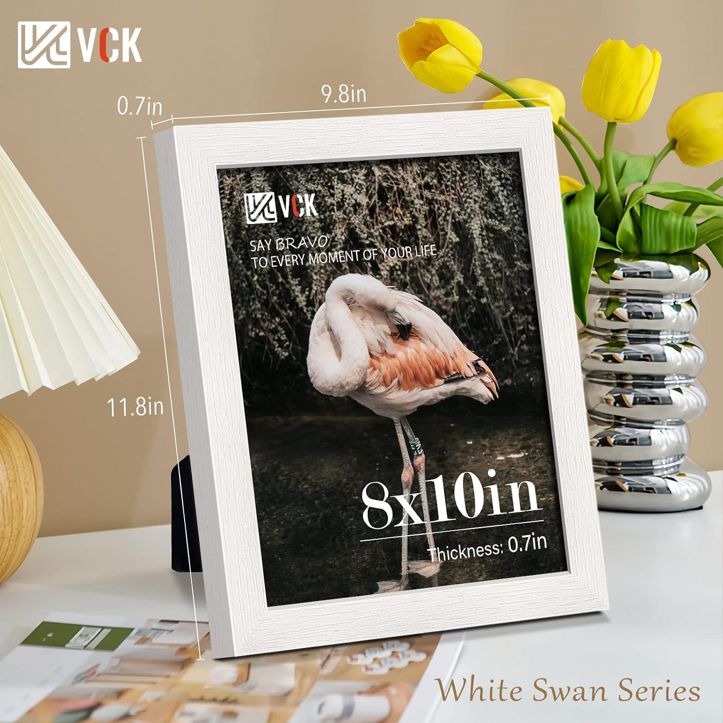 VCK 8x10 Picture Frame White 4 Pack, Wide Thick Wood Border, for Photo | Exclusive Woodgrain, Wall/Tabletop, HD