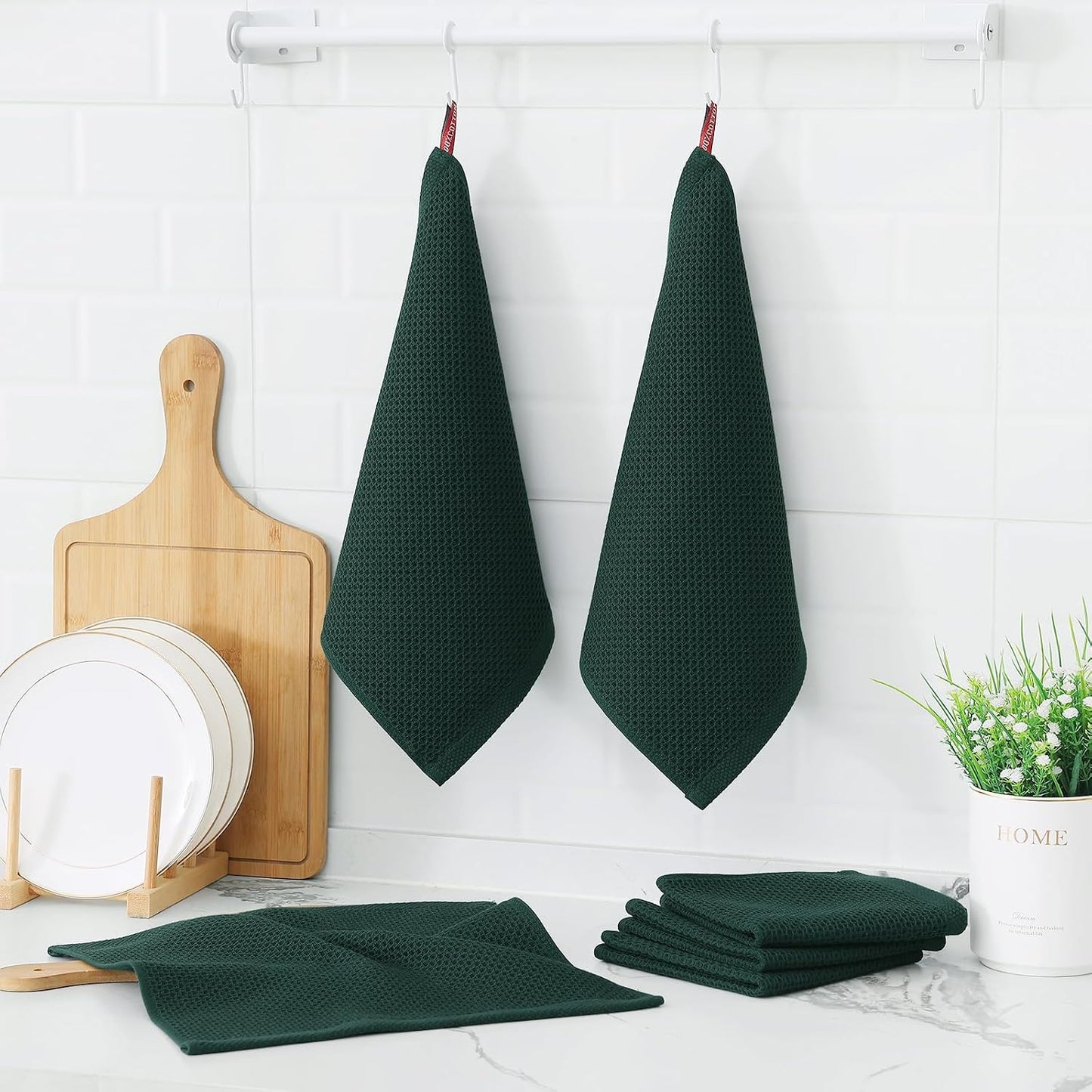 Kitinjoy Cotton Waffle 12-Pack Kitchen Towels, 12" x 12", Blackish Green | Ultra Absorbent, Super Soft, lightweight