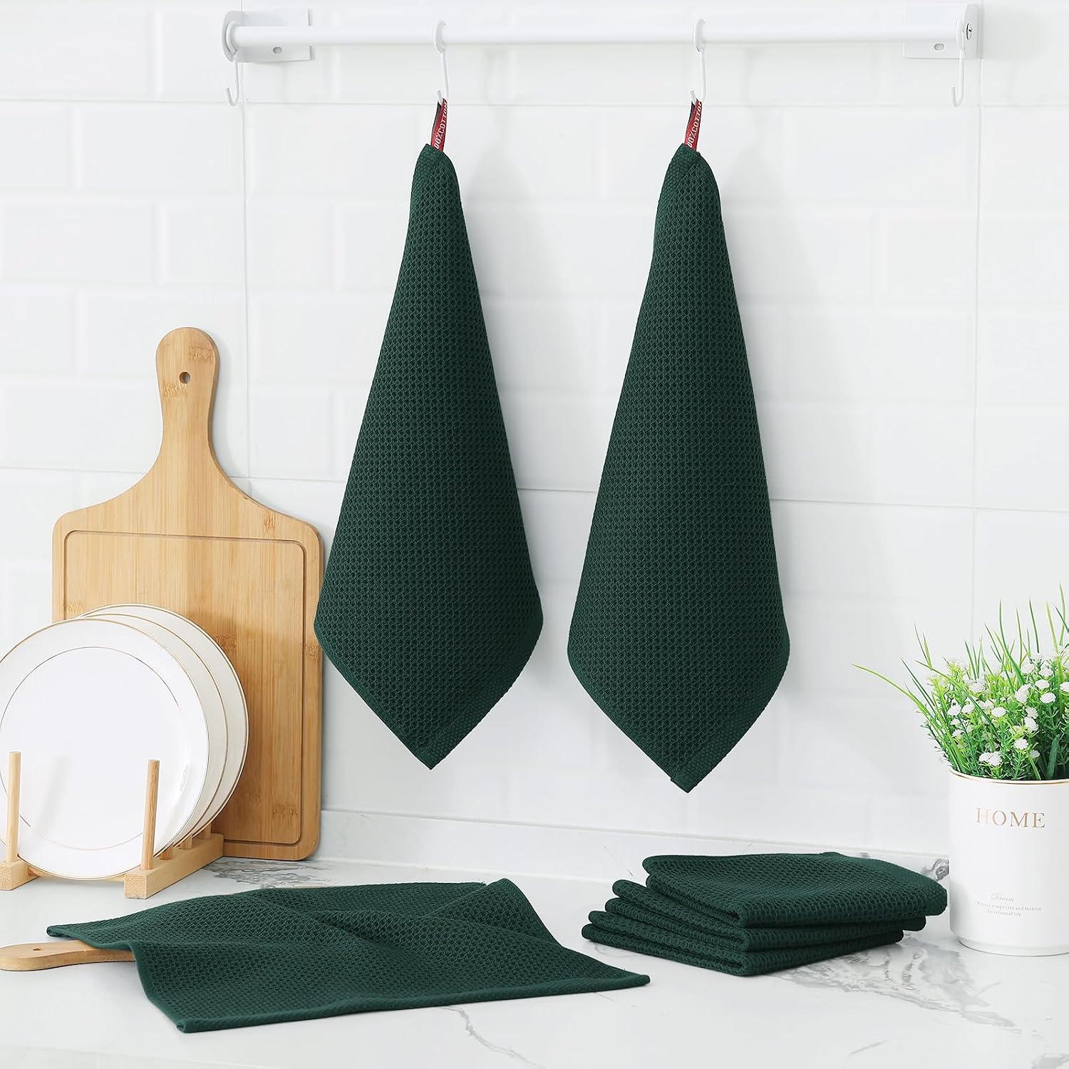 Kitinjoy Cotton Waffle 12-Pack Kitchen Towels, 12" x 12", Blackish Green | Ultra Absorbent, Super Soft, lightweight