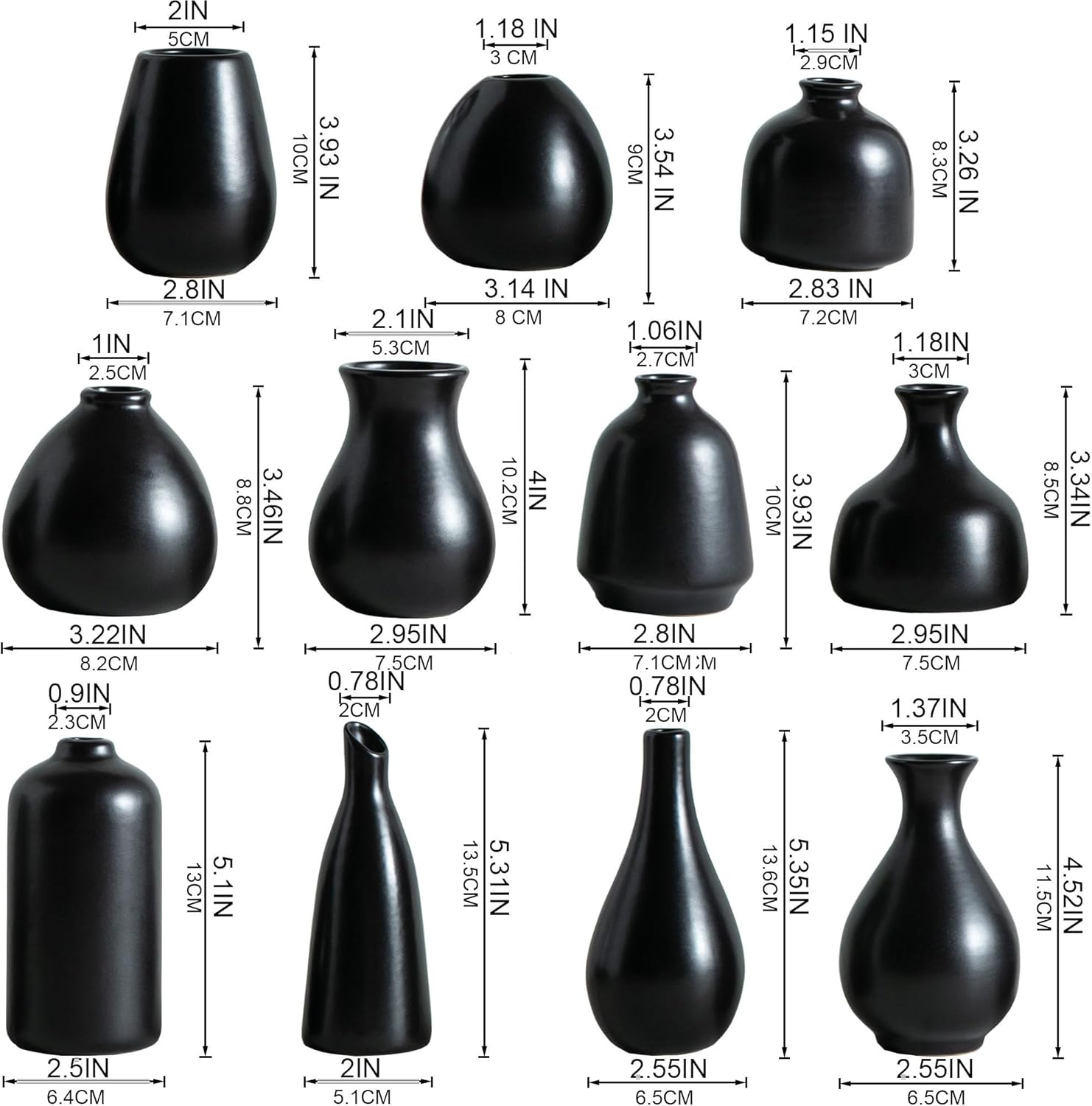 Ceramic Bud Vases / Black Bud Vases / Set of 11