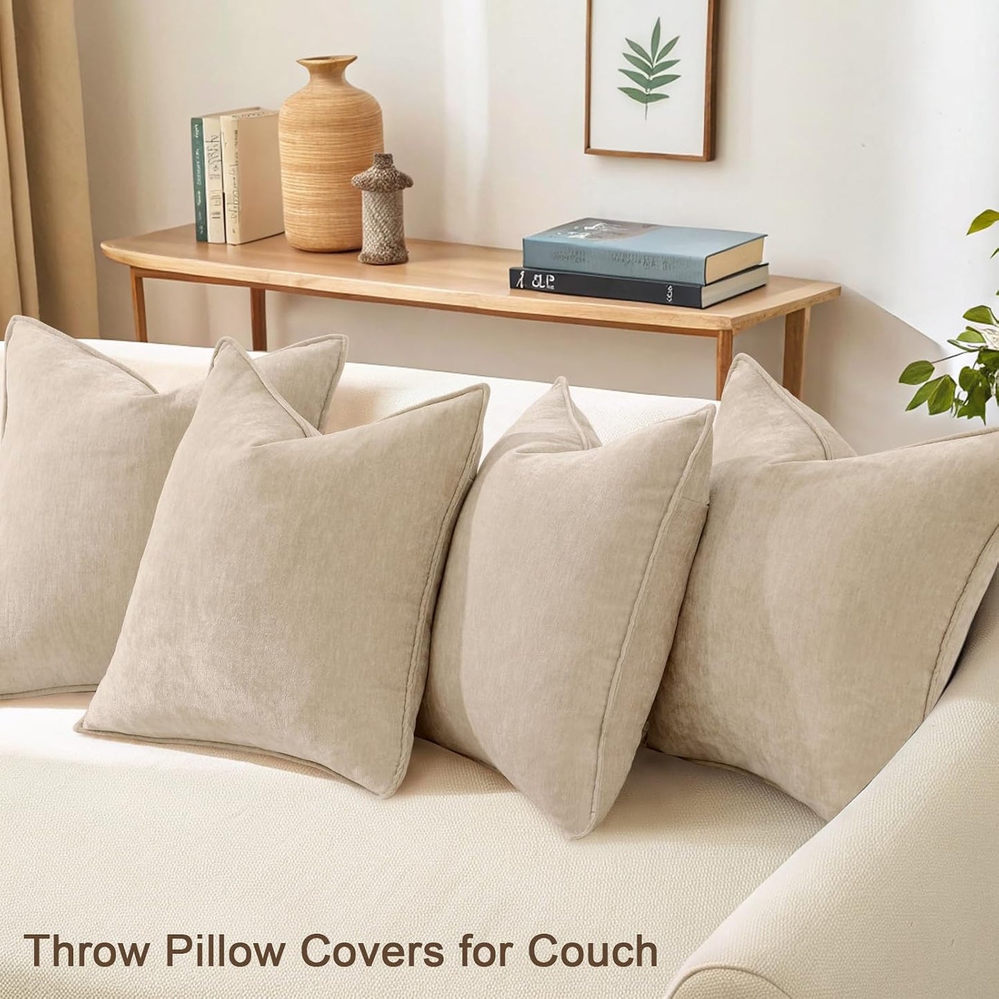 Decorative Soft Neutral Chenille Pillow Covers / Natural Beige / 18 x 18 / Set of 4