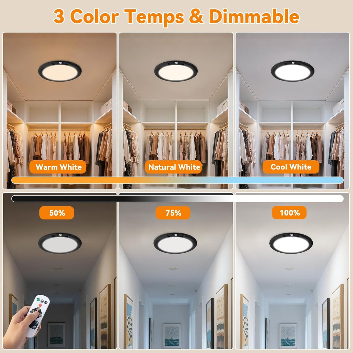 KYEKIO 2Pack Rechargeable LED Ceiling Light/Shower Light with Remote | Motion Sensor, Wireless Magnetic Easy-Install, 3