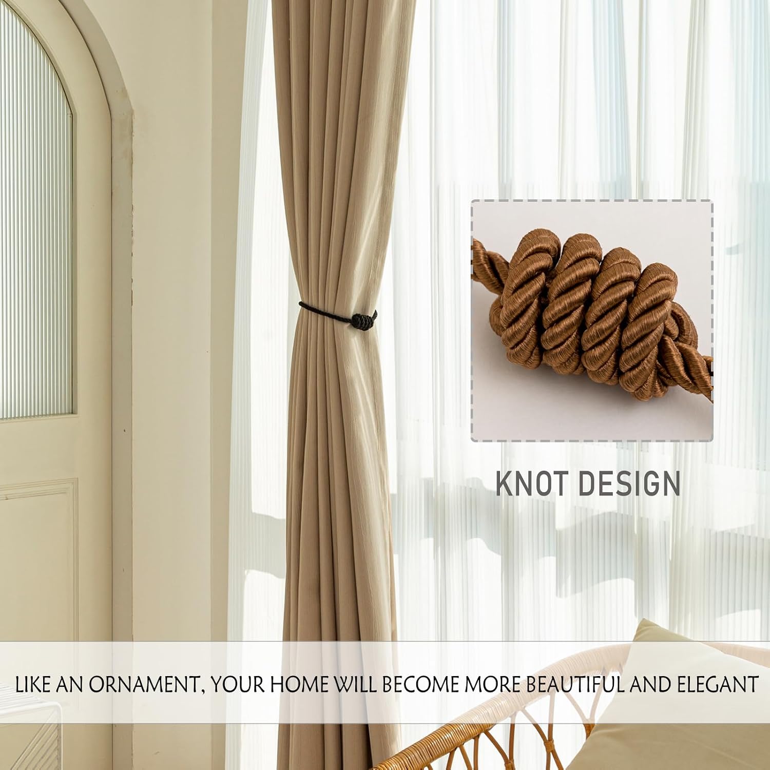 Curtain Tiebacks Magnetic Decorative Rope Tie Backs Holdbacks Contoeey | 6 Pack Khaki Modern Elegant Window Treatment