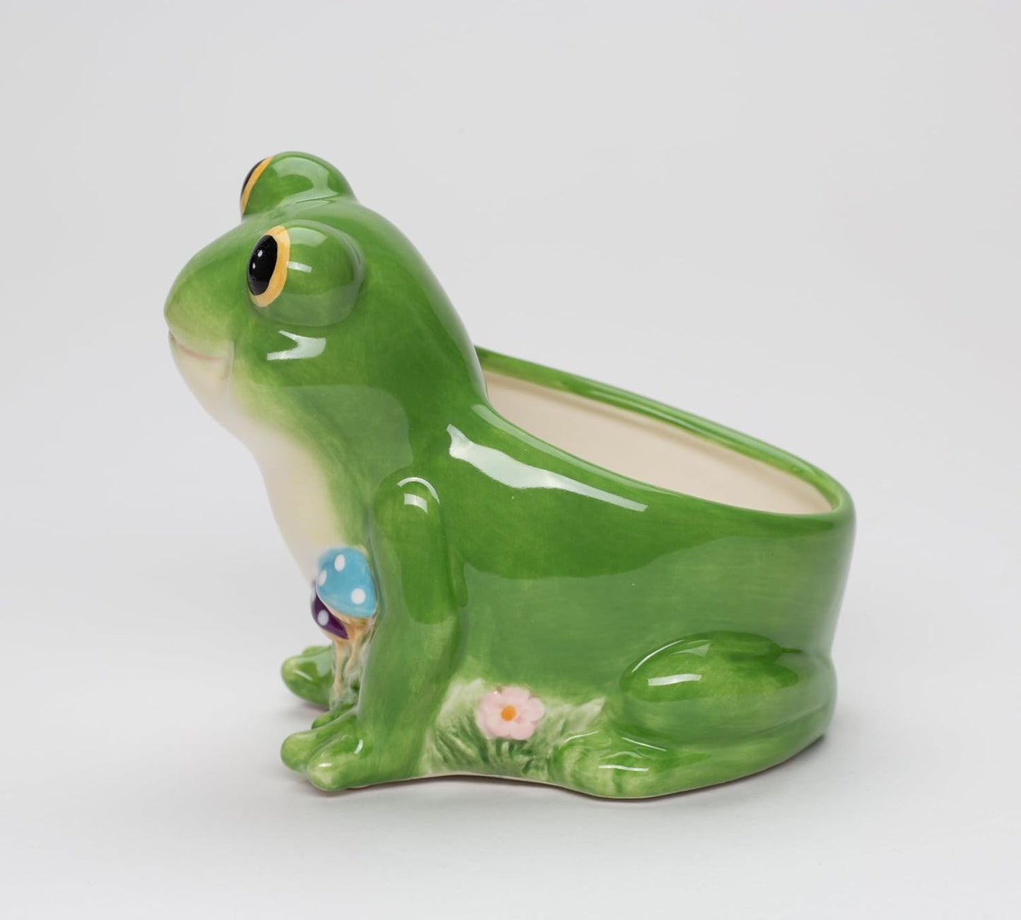 Fine Ceramic Frog and Forest Mushrooms Planter Pot Candy Dish Bowl