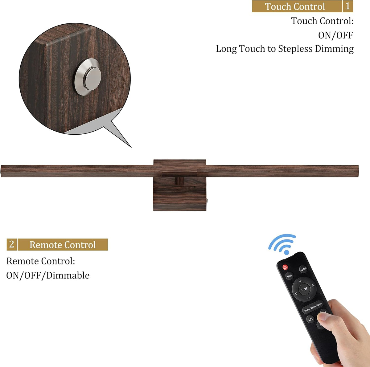Rayogale Walnut Battery Operated Wall Sconce with Remote Control 40 Inch | 3000/4500/6000K Dimmable 8000mAh Wireless