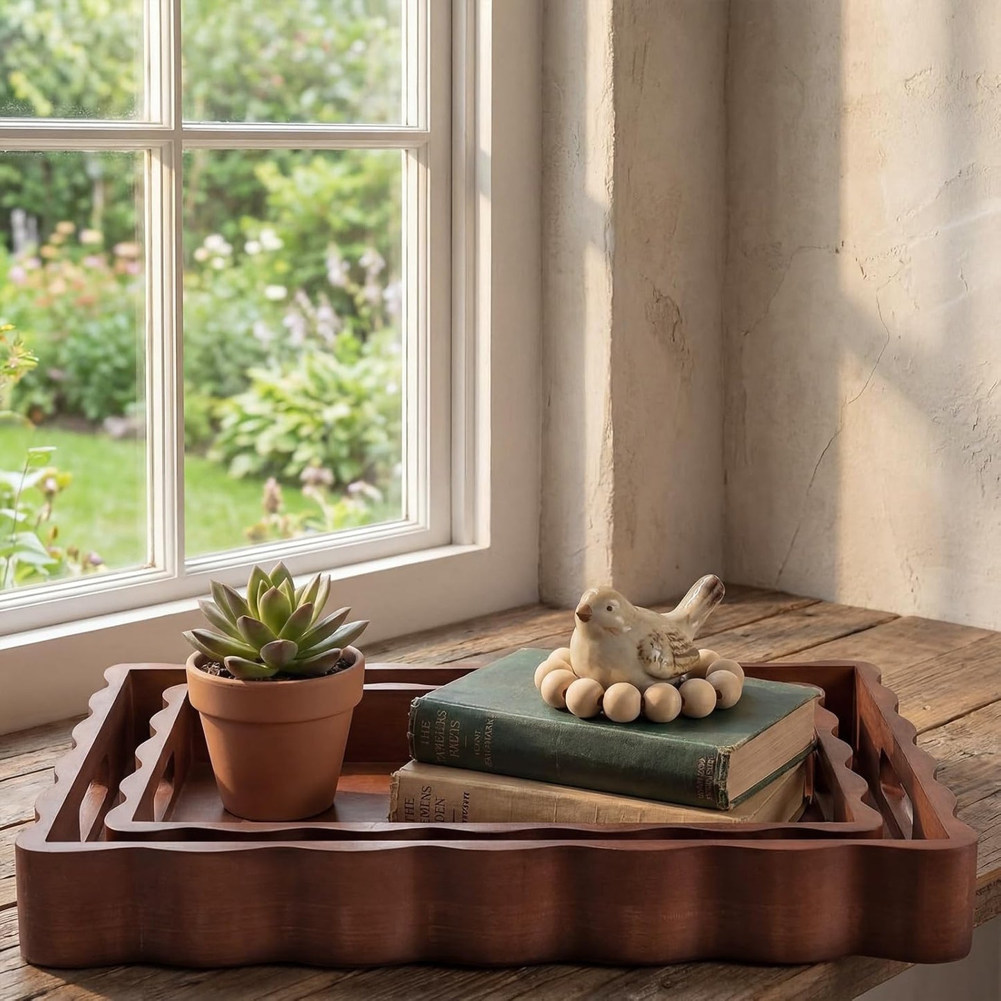 Solid Scalloped Wood Serving Trays / Set of 2