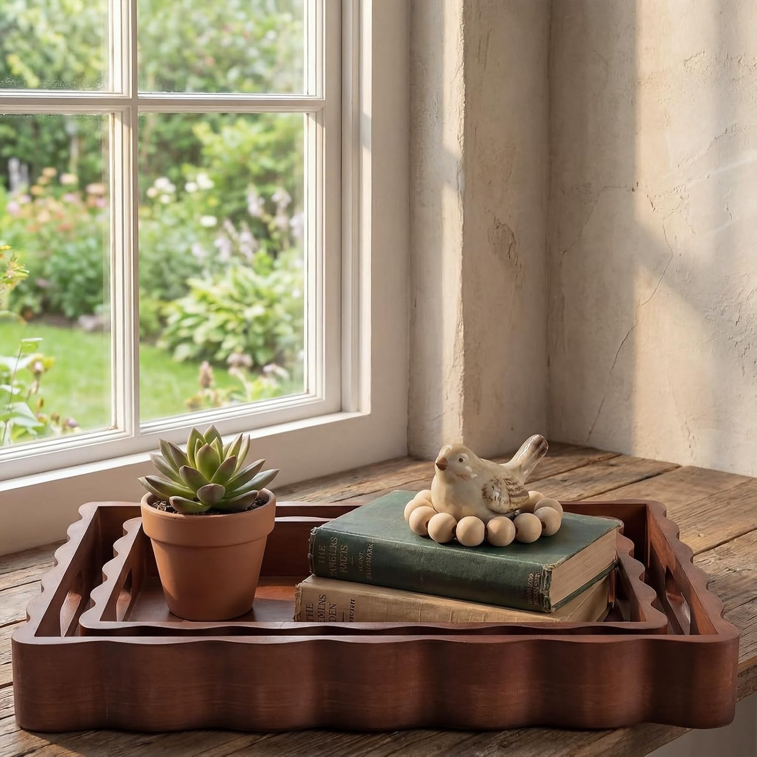 Solid Scalloped Wood Serving Trays / Set of 2