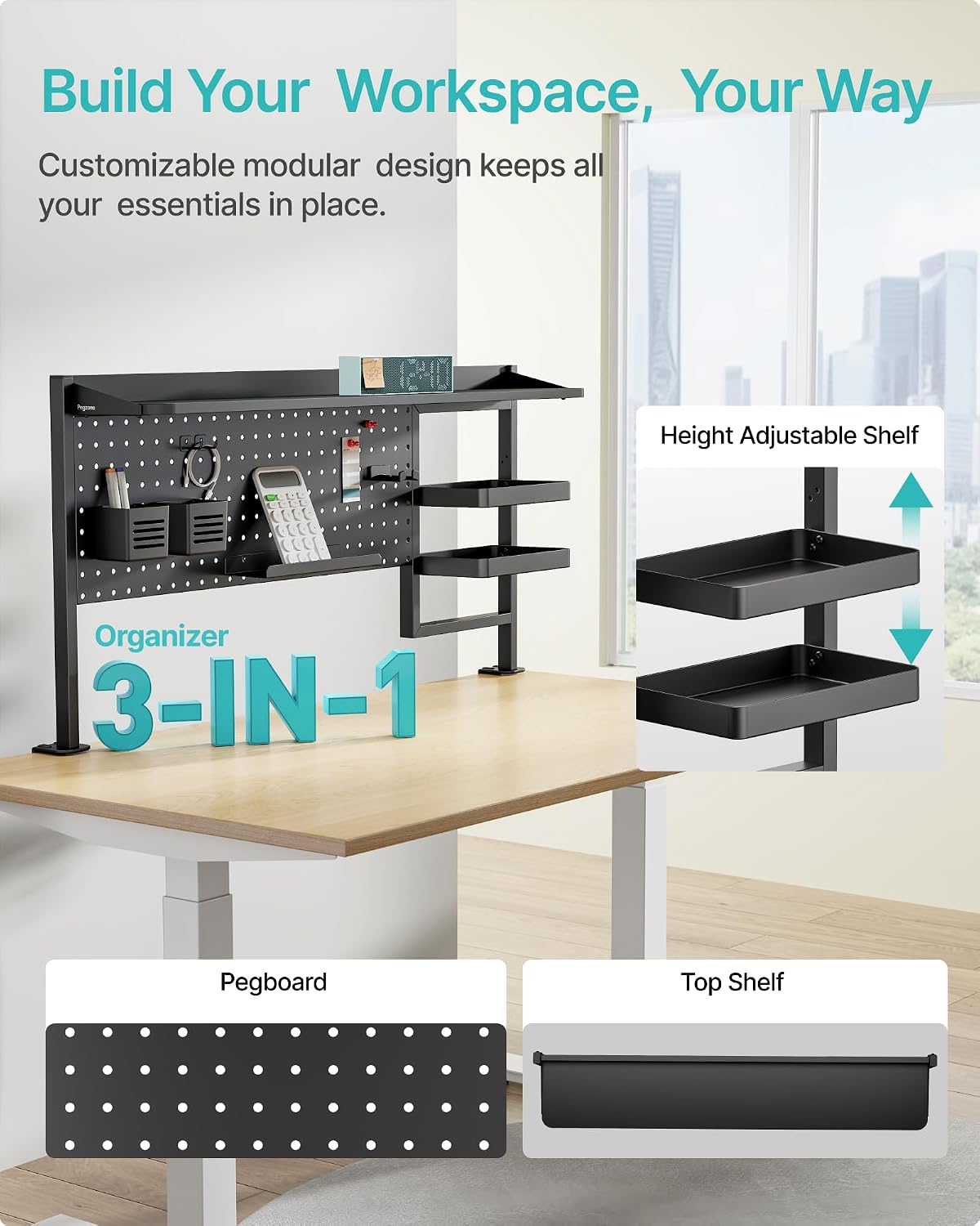 Clamp on Desk Shelf, 44" Desktop Shelving System, Black | with Pegboard and Accessories, Desktop Organizer with 2-Tier