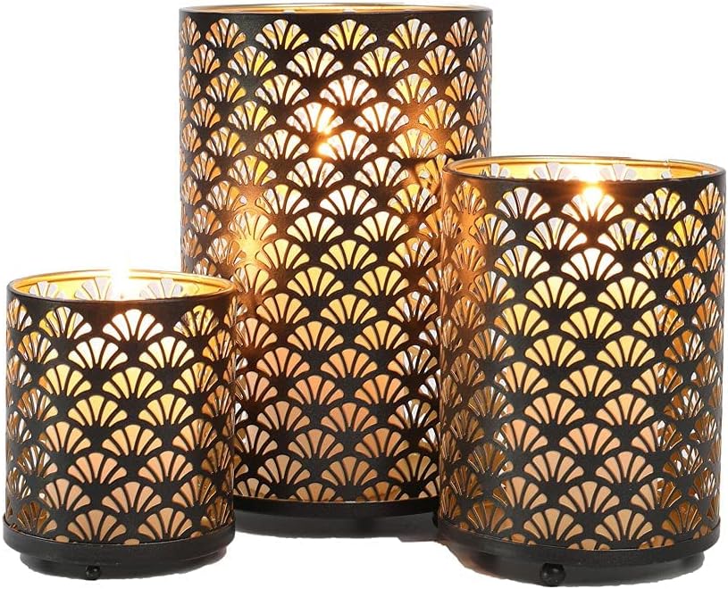 JHY DESIGN Set of 3 Metal Candle Holders Bronze Hurricane Pillar Candleholder Vintage Table Candlestick Holders Great