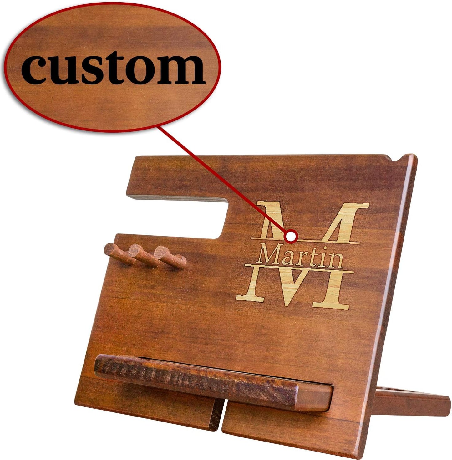 Wood Phone Docking Station for Men Personalized - Hooks Key Holder Wallet Stand Watch Organizer - Gifts for Him Husband