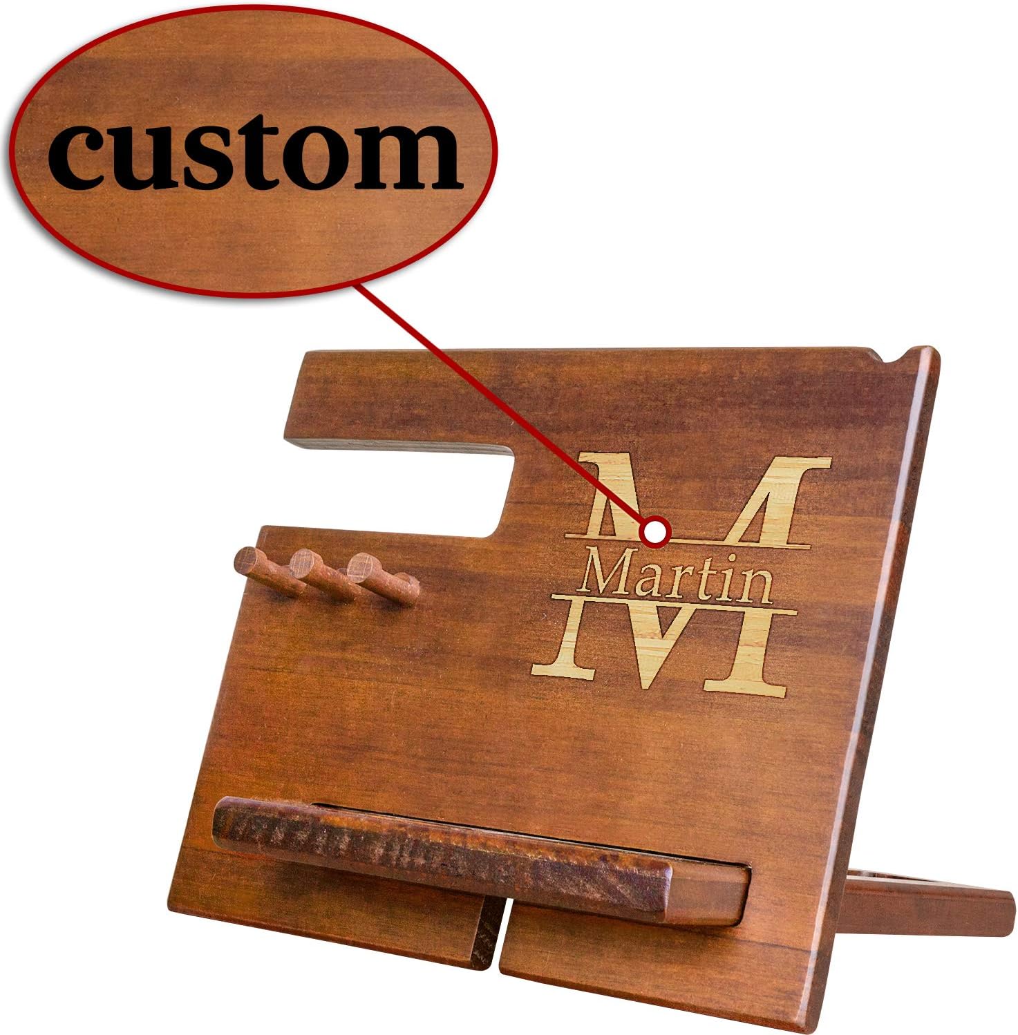 Wood Phone Docking Station for Men Personalized - Hooks Key Holder Wallet Stand Watch Organizer - Gifts for Him Husband