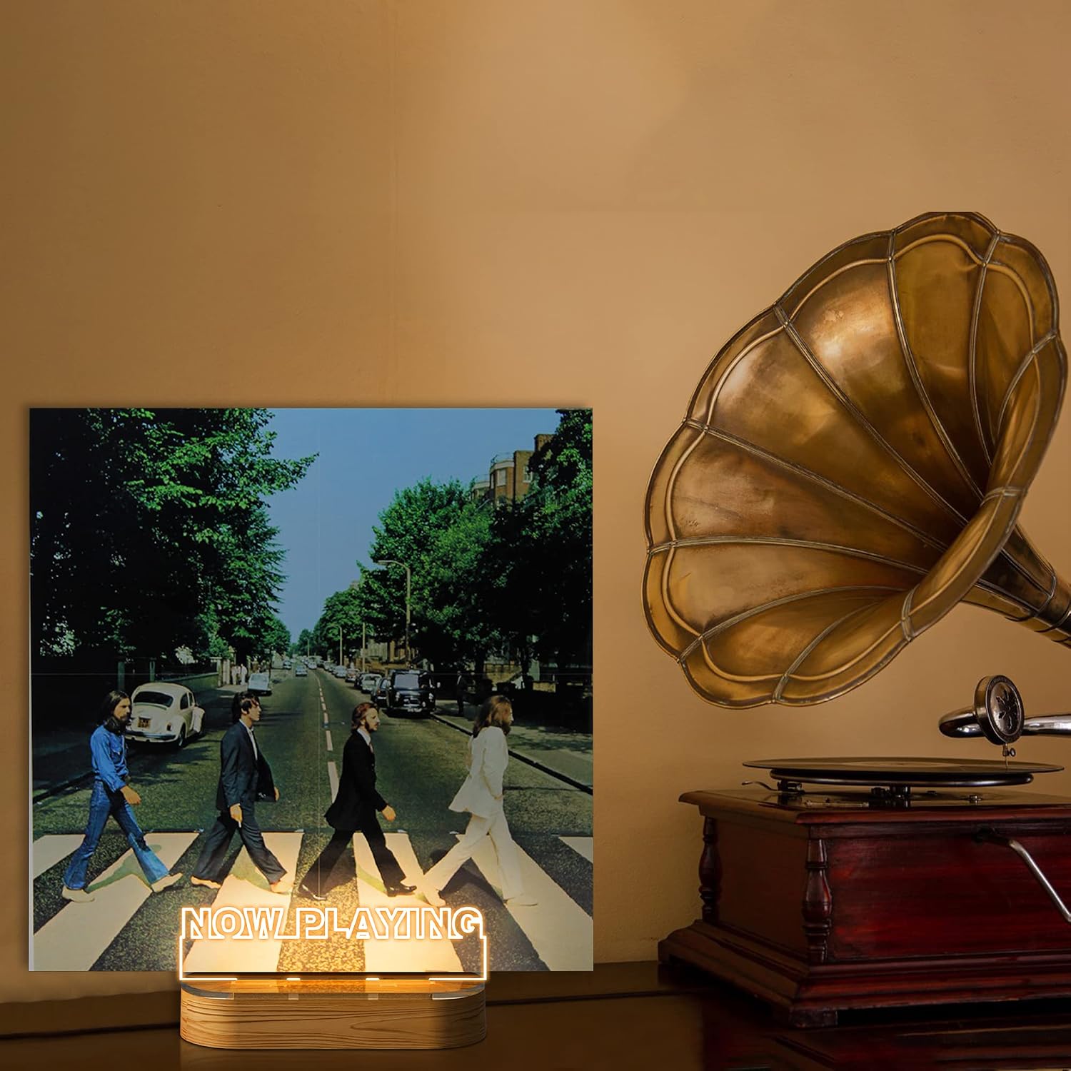 YuanDian Light up Now Playing Vinyl Record Stand, Now Spinning Record Stand, Wooden Acrylic Holder for Album Display