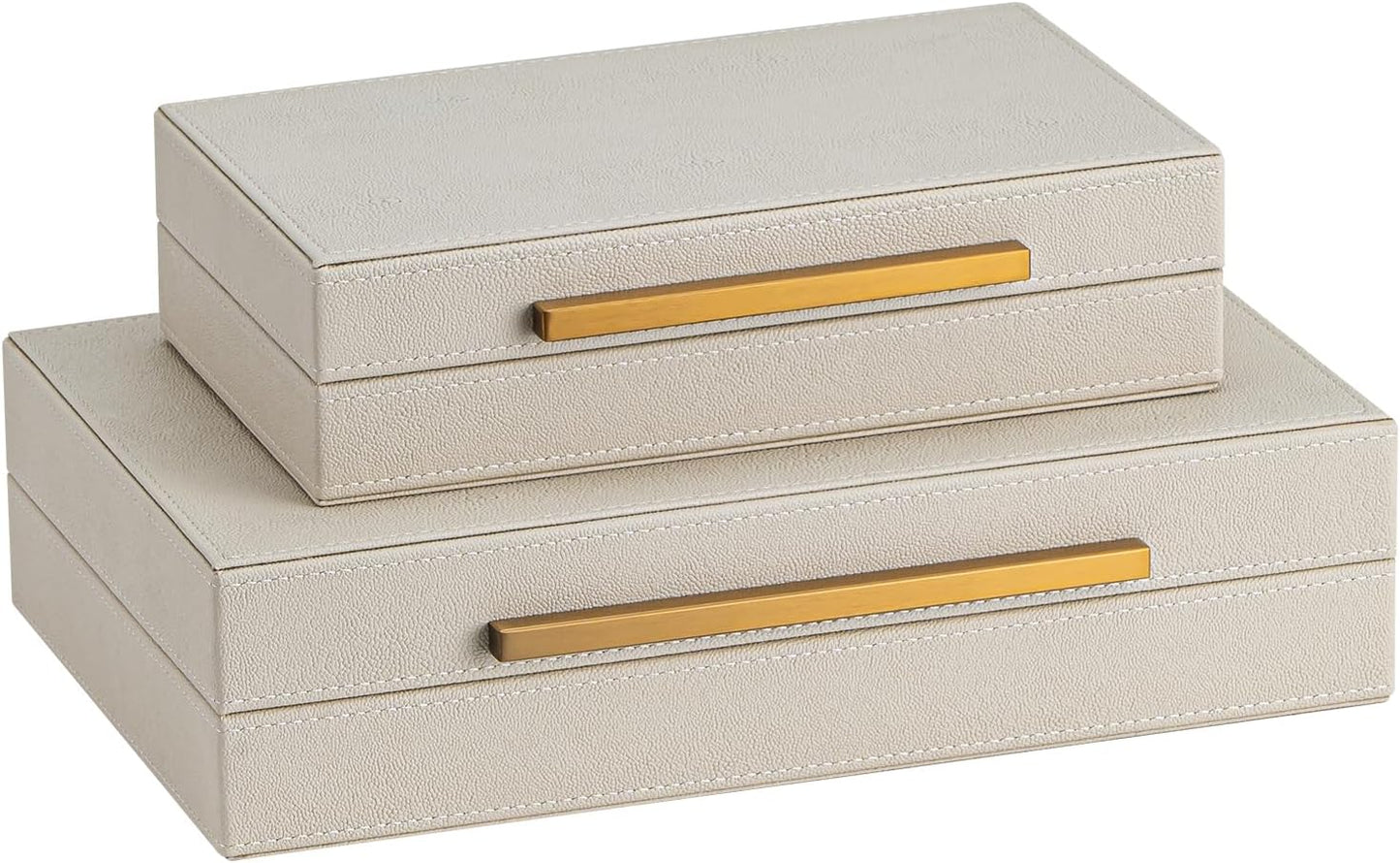 Faux Leather Jewelry & Memory Boxes / Beige+gold Handles / 14.2 In / Set of 2