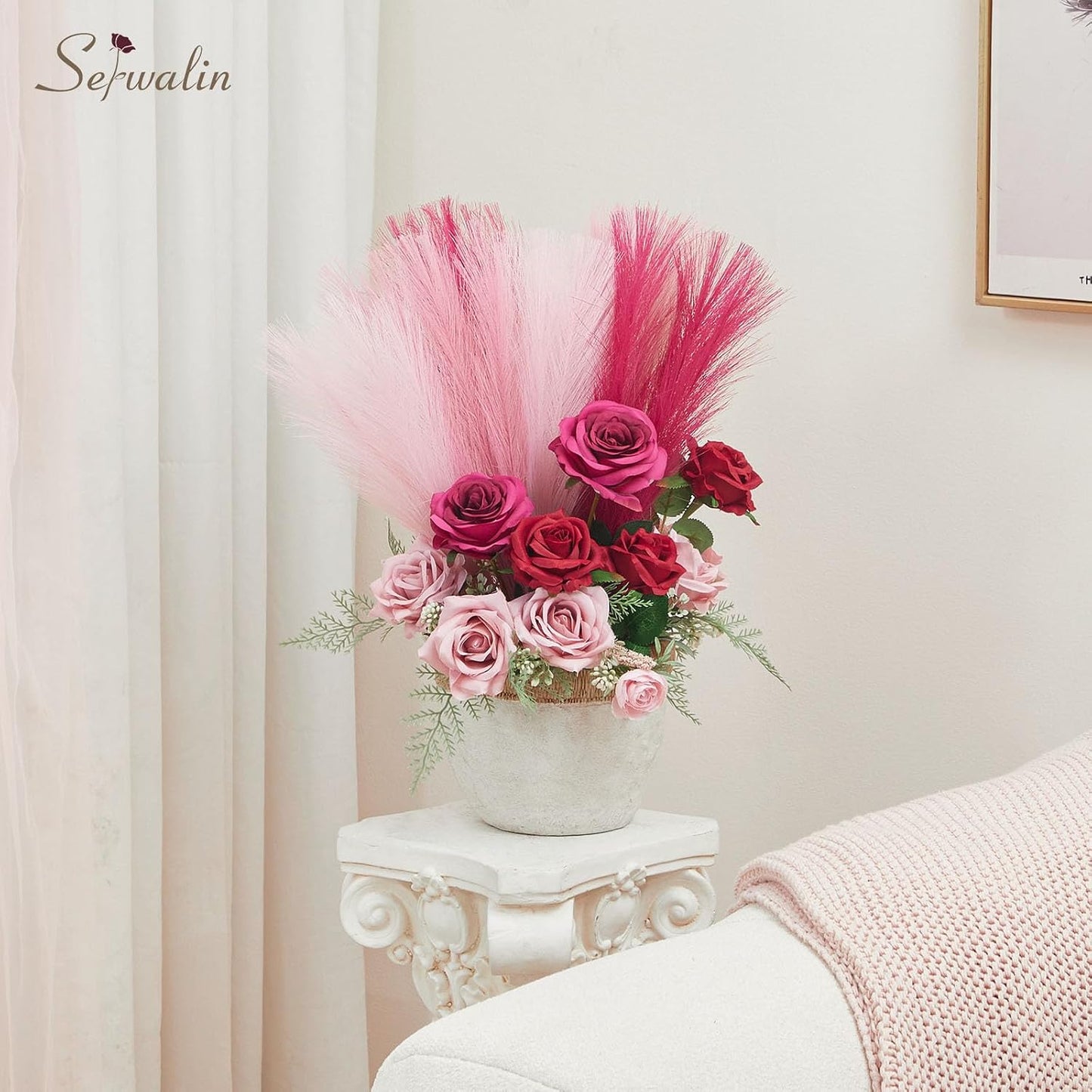 Artificial Pampas Grass / A Abby Hot Pink & Blush & Pink / 17 Inch / 17.7 Inch / Set of 6