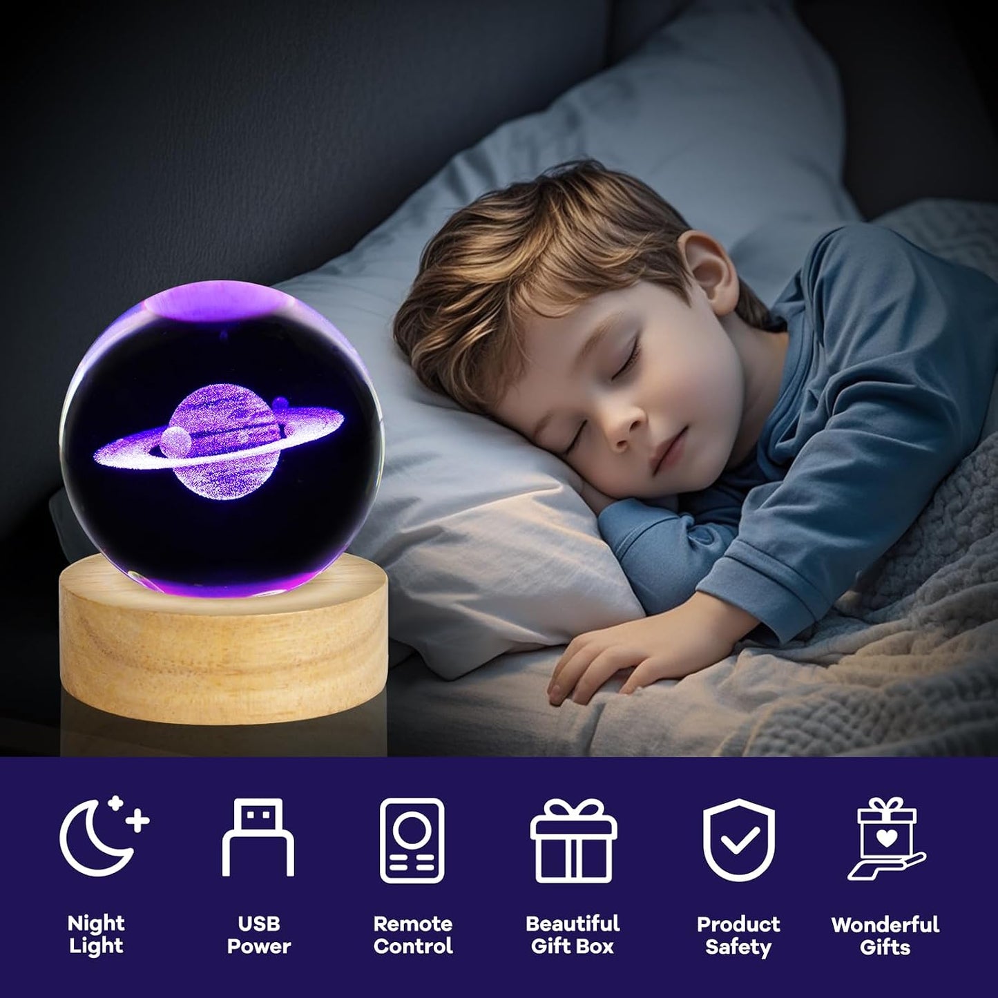 3D Crystal Ball Night Light Planet Glass Sphere Lamps Decor / Saturn / 2.4 Inch