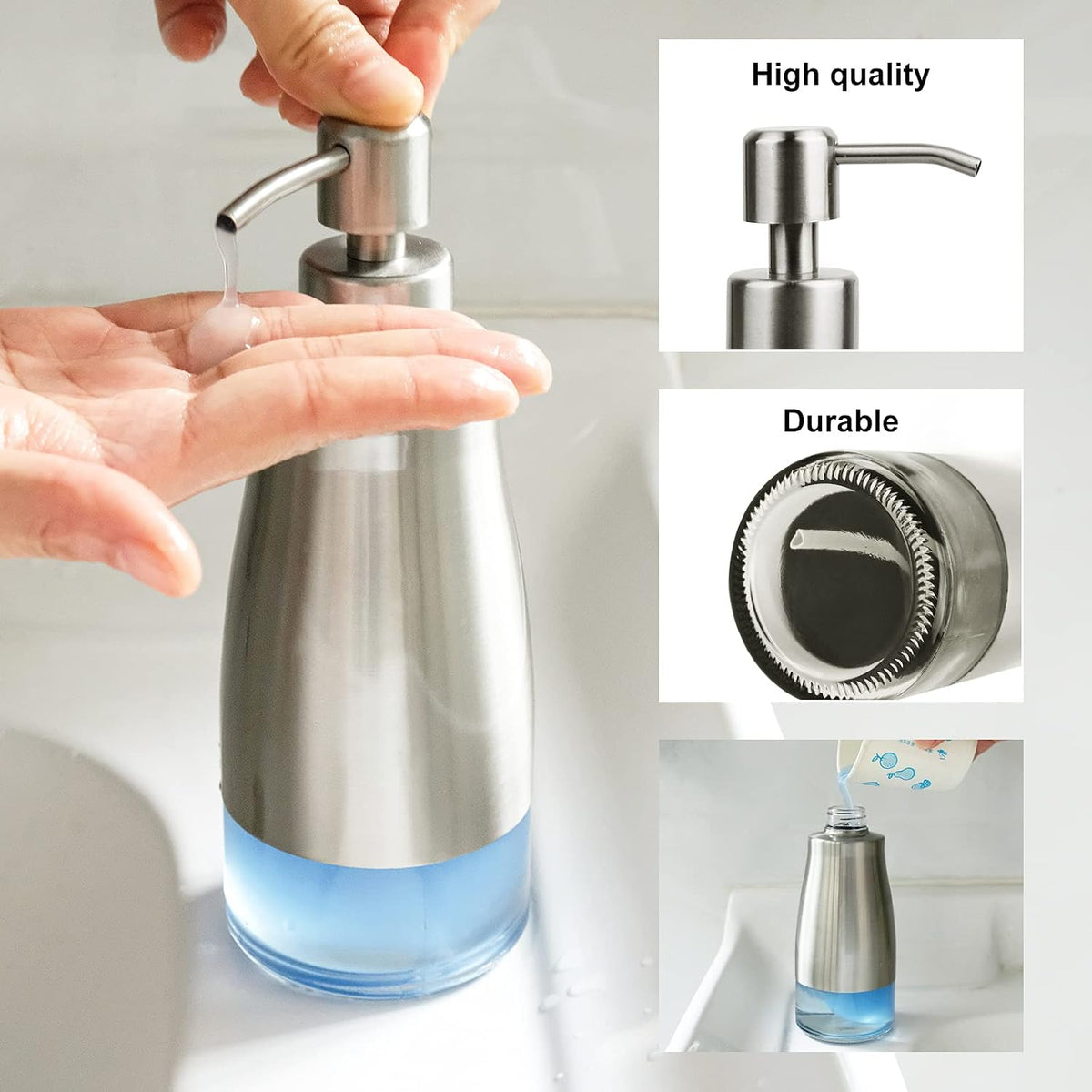 AUMIO 2-Pack Soap Dispenser Set, Brushed Nickel & Black with Glass Liner | Stainless Steel Case | Refillable Design