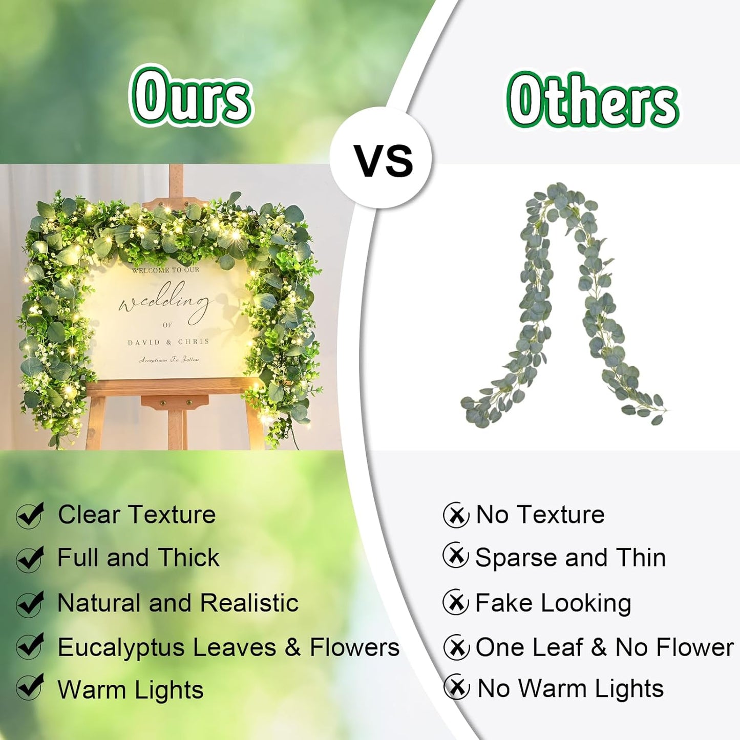 Garland / Flowers / Eucalyptus Garland with Lights / Green / 5.9 Inch / Set of 8