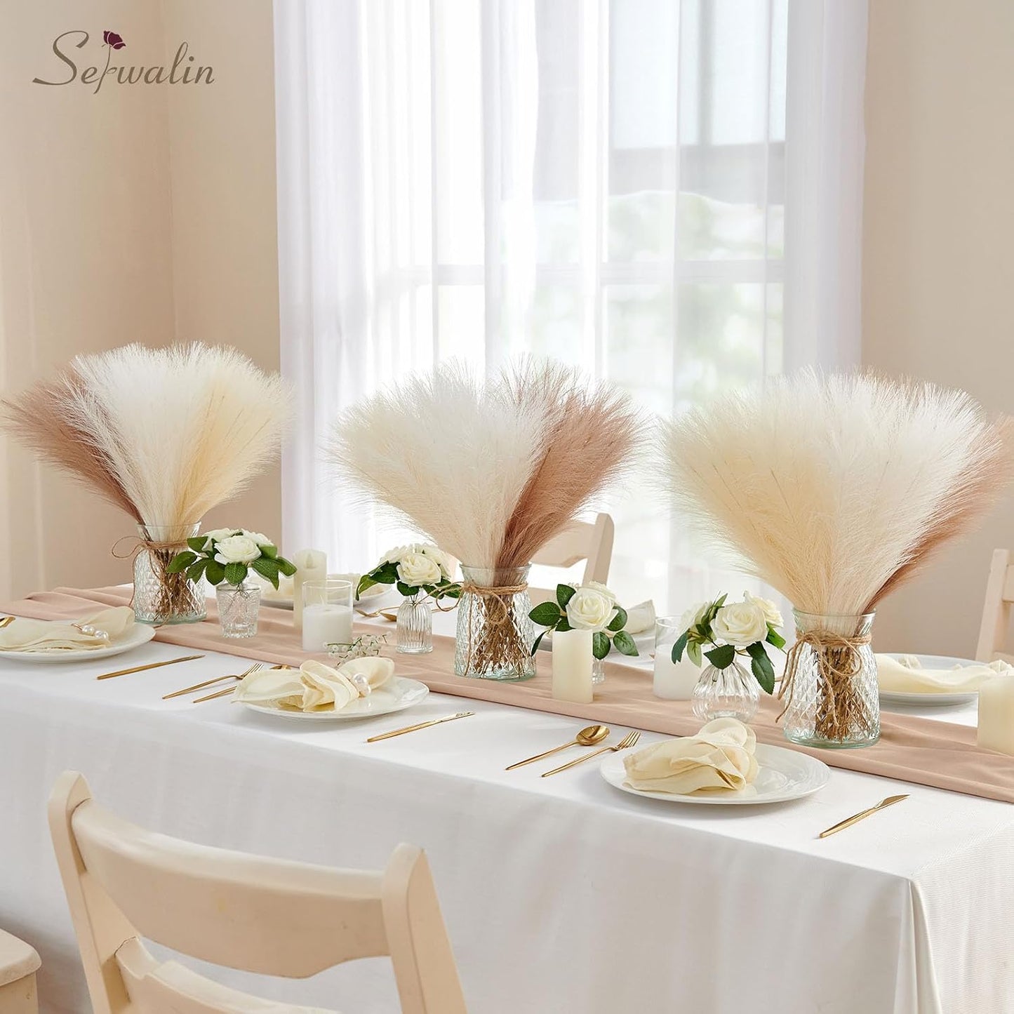 Faux Pampas Grass Bulk Boho Decor / G Ivory & Beige & Sand / Set of 60