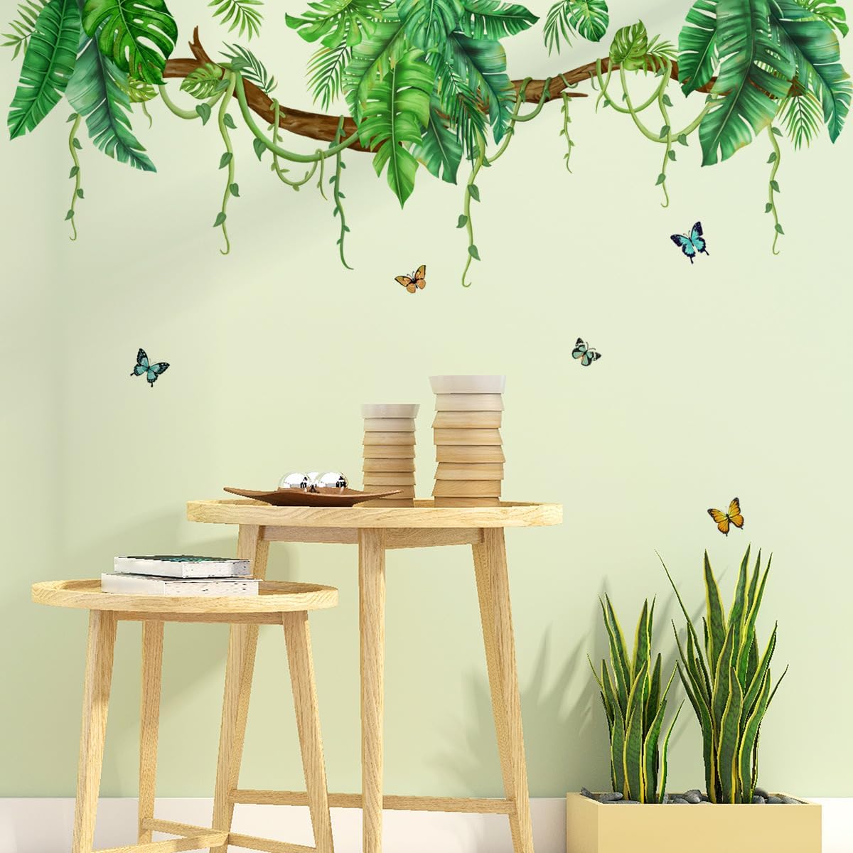 Jungle Wall Decals Tropical Wall Decor Stickers Hanging Vines Palm Leaves Murals Peel / Green