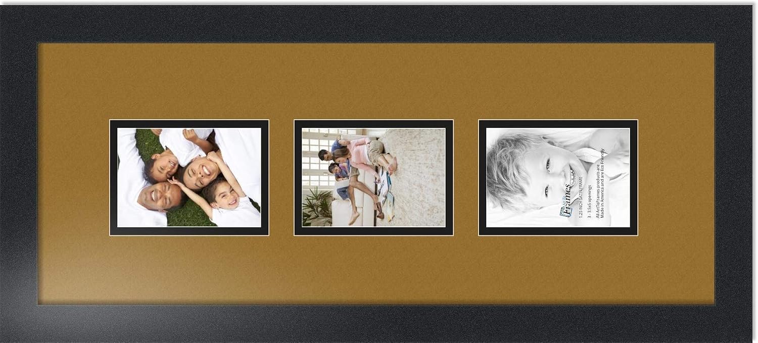 ArtToFrames Collage Photo Frame Double Mat with 3-3.5x5 Openings with Satin Black Frame and El Dorado mat.