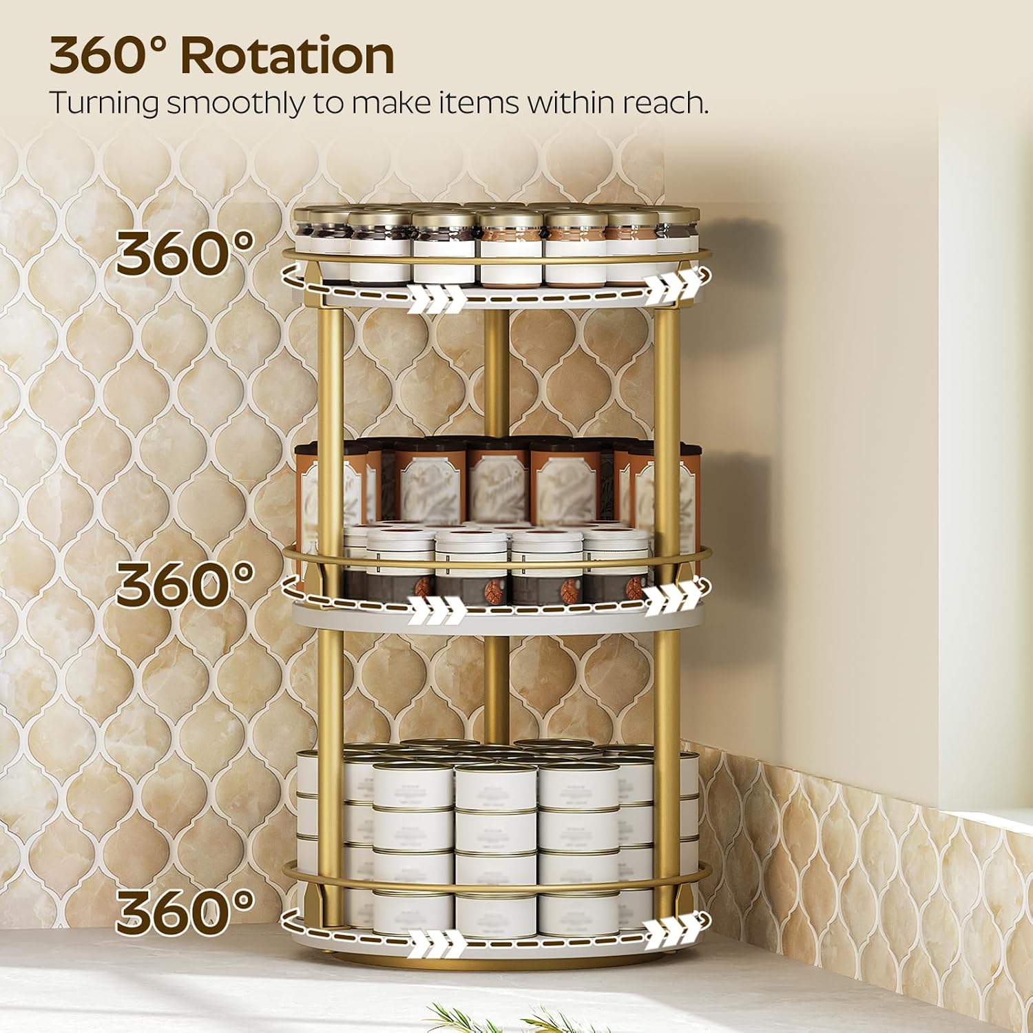 3-Tier Lazy Susan, Rotating Spice Rack, Spinning Organizer, Industrial Turntable Spice Rack for Cabinet, Kitchen