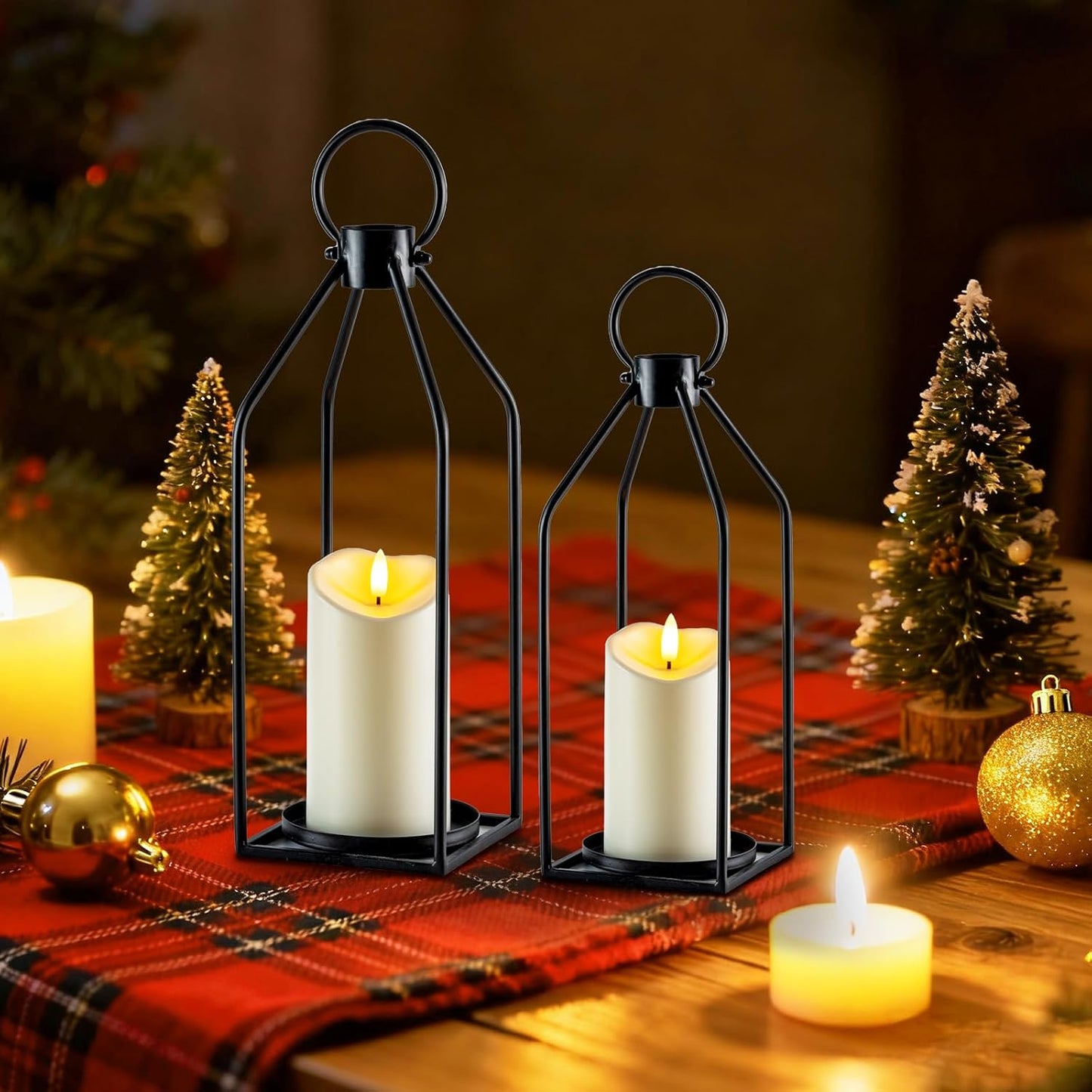 Homemory Modern Farmhouse Black Metal Lanterns 2PCS with Flameless Candle | Waterproof Lantern Design Outdoor Indoor