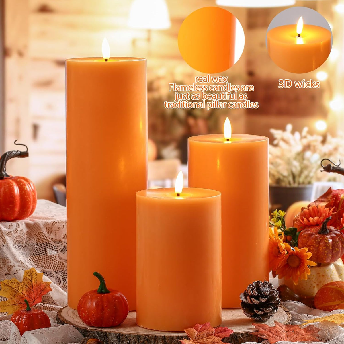 3 Pcs 6/8/12 Inches Orange Flameless LED Candles with Remote and 2/4/8h Timer Battery Operated Wax Flickering Candles