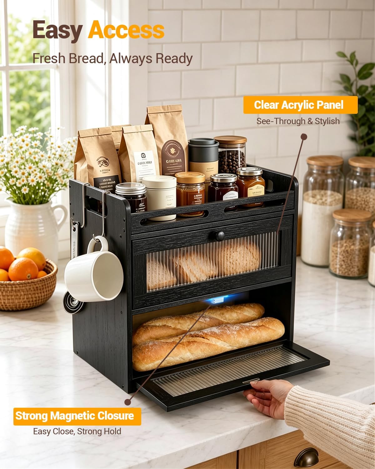 Bread Box for Kitchen Countertop, 2-Tier Bamboo Storage with Raised Shelf | Black, Large Bread Container, 2 Banana