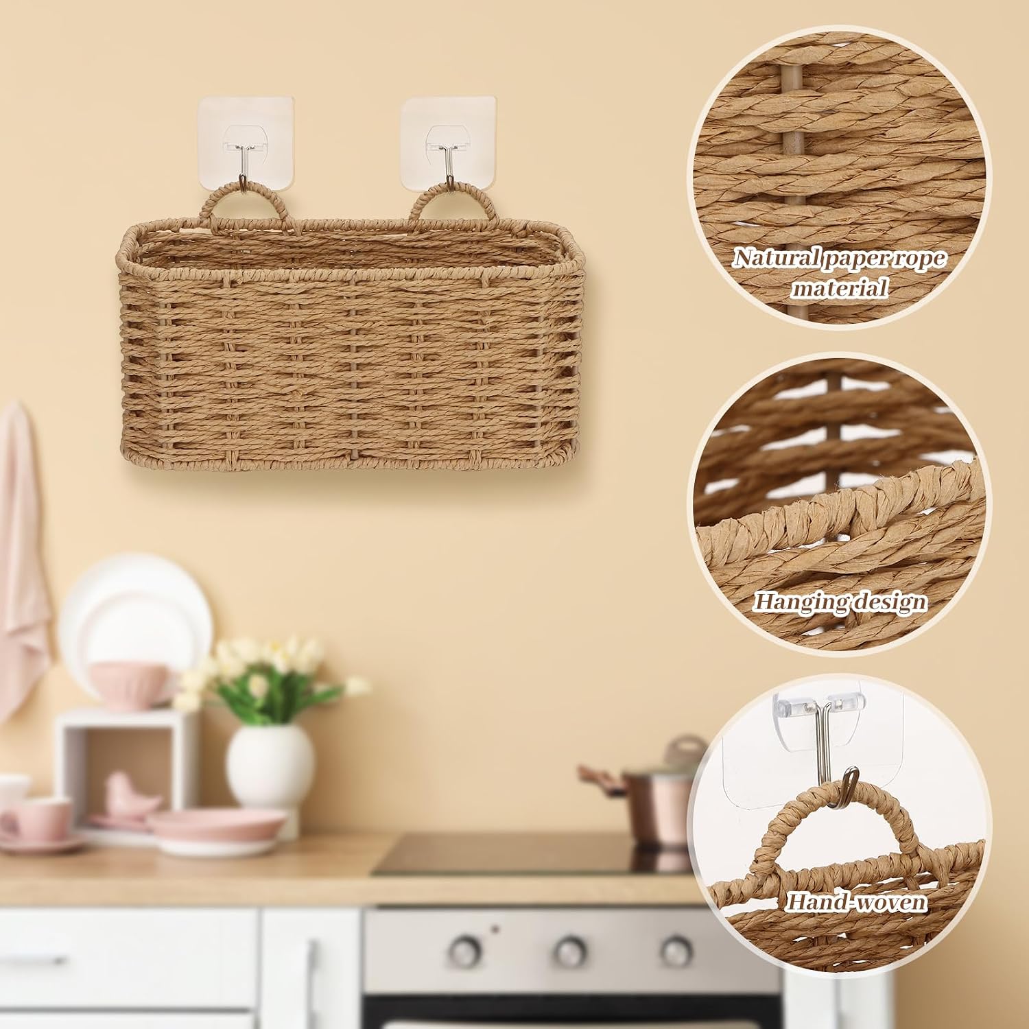 3 Piece Boho Wall Hanging Baskets for Organizing Paper Rope Woven / Natural Color / Rectangular